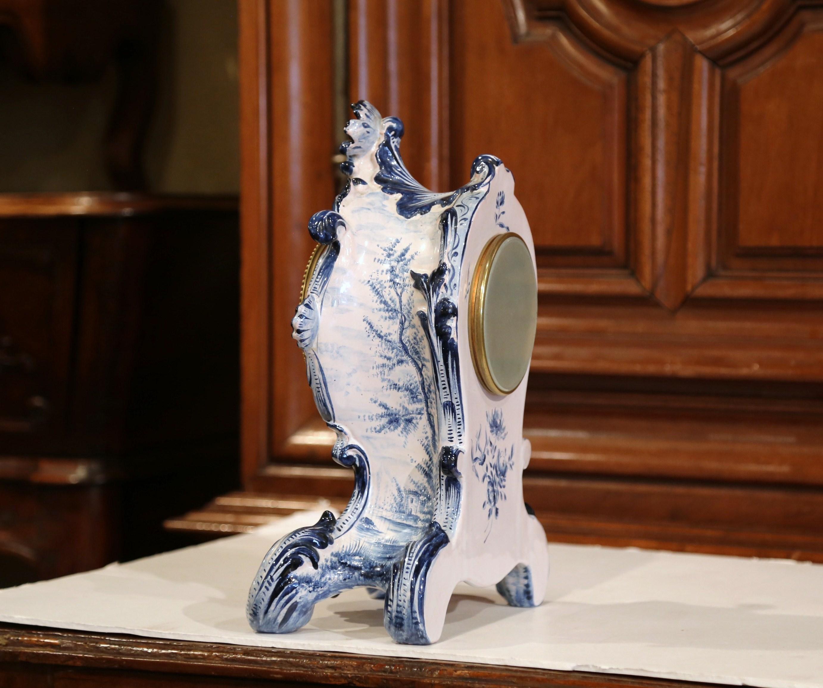Late 19th Century French Hand-Painted Blue and White Faience Mantel Clock 4