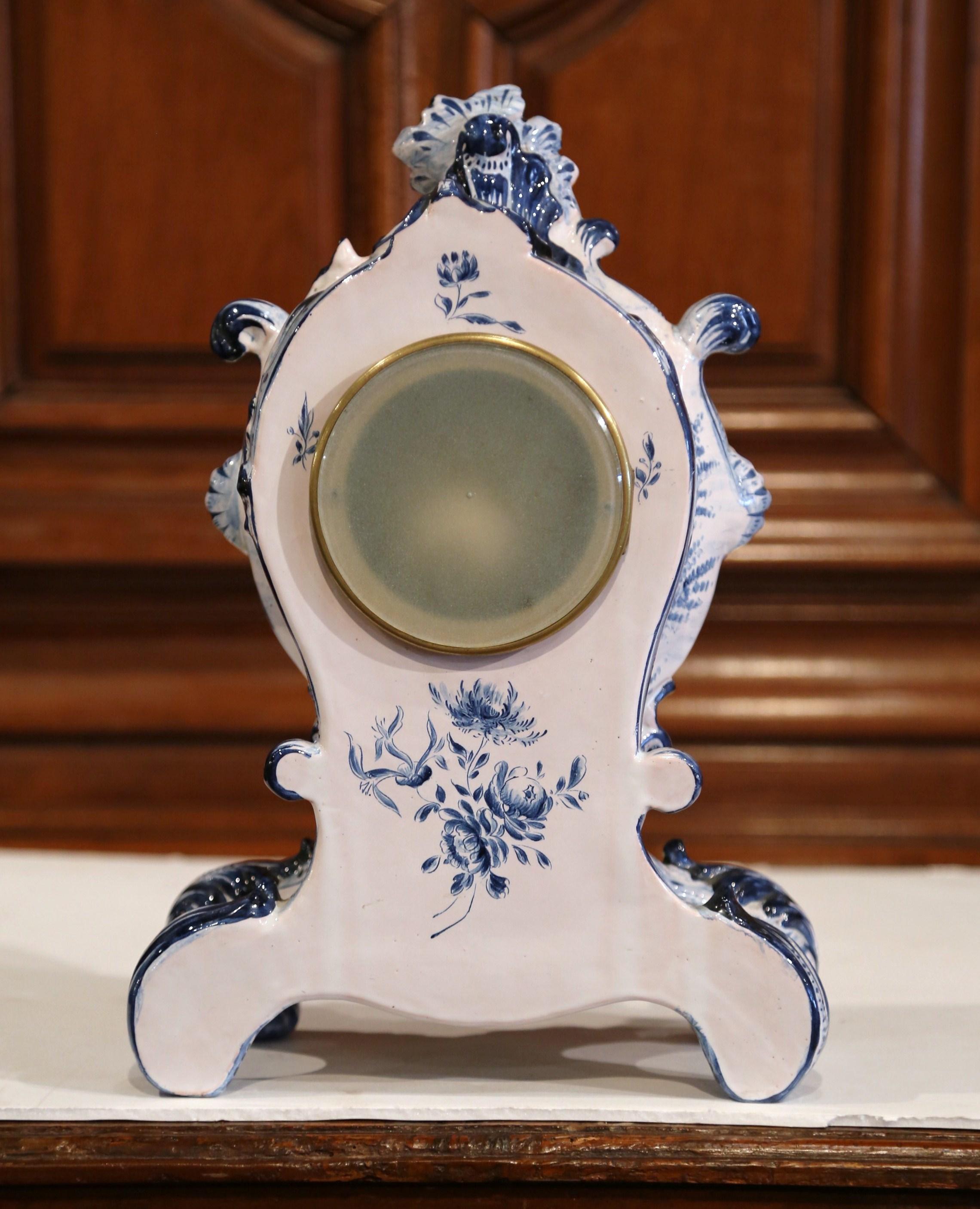 Late 19th Century French Hand-Painted Blue and White Faience Mantel Clock 5