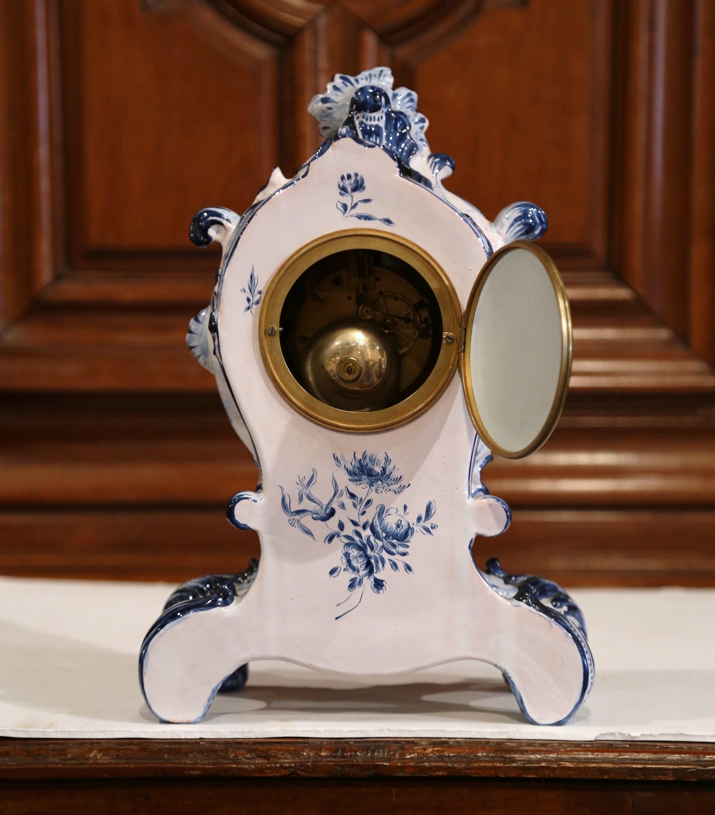 Late 19th Century French Hand-Painted Blue and White Faience Mantel Clock 6