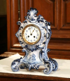 Late 19th Century French Hand-Painted Blue and White Faience Mantel Clock