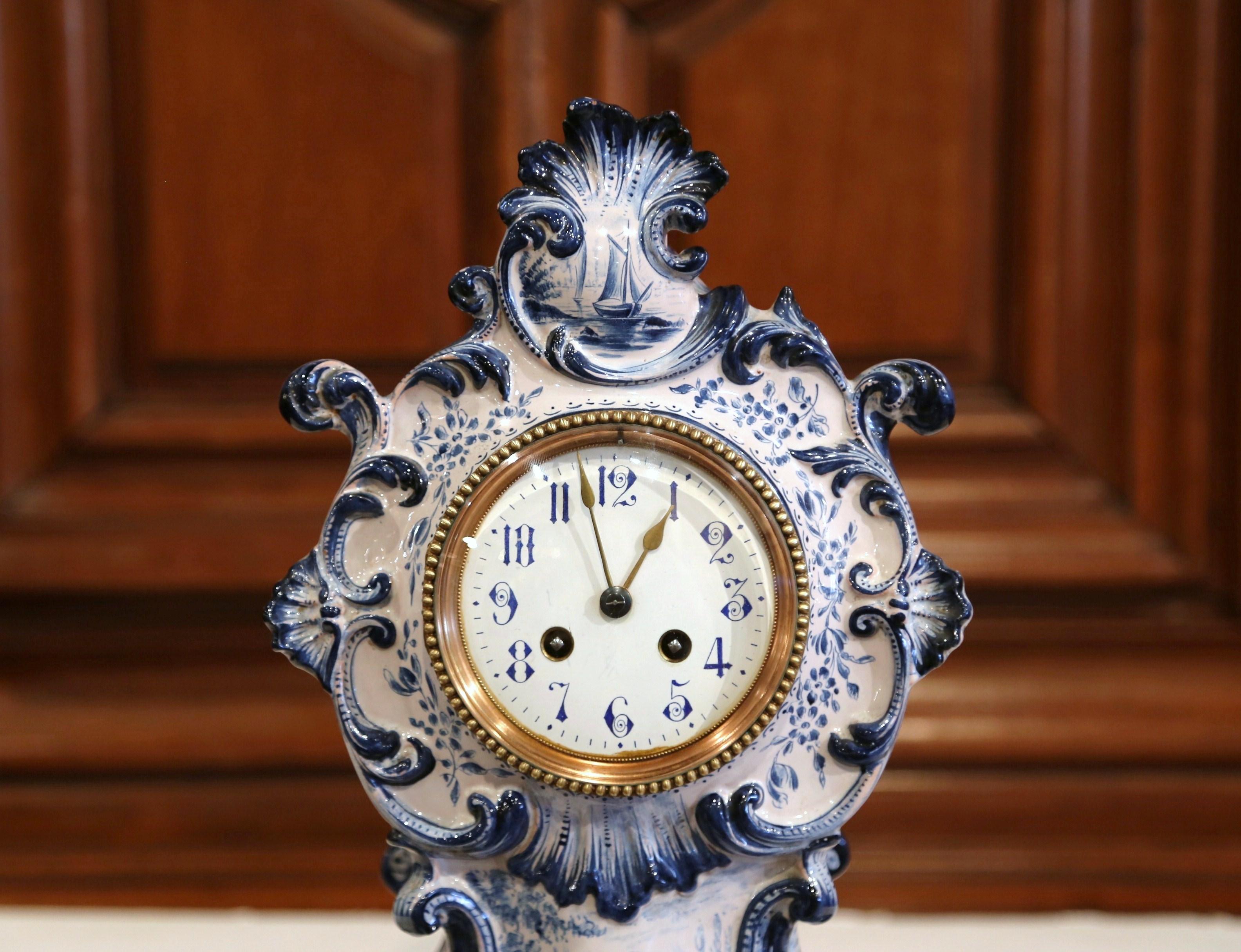 Louis XV Late 19th Century French Hand-Painted Blue and White Faience Mantel Clock