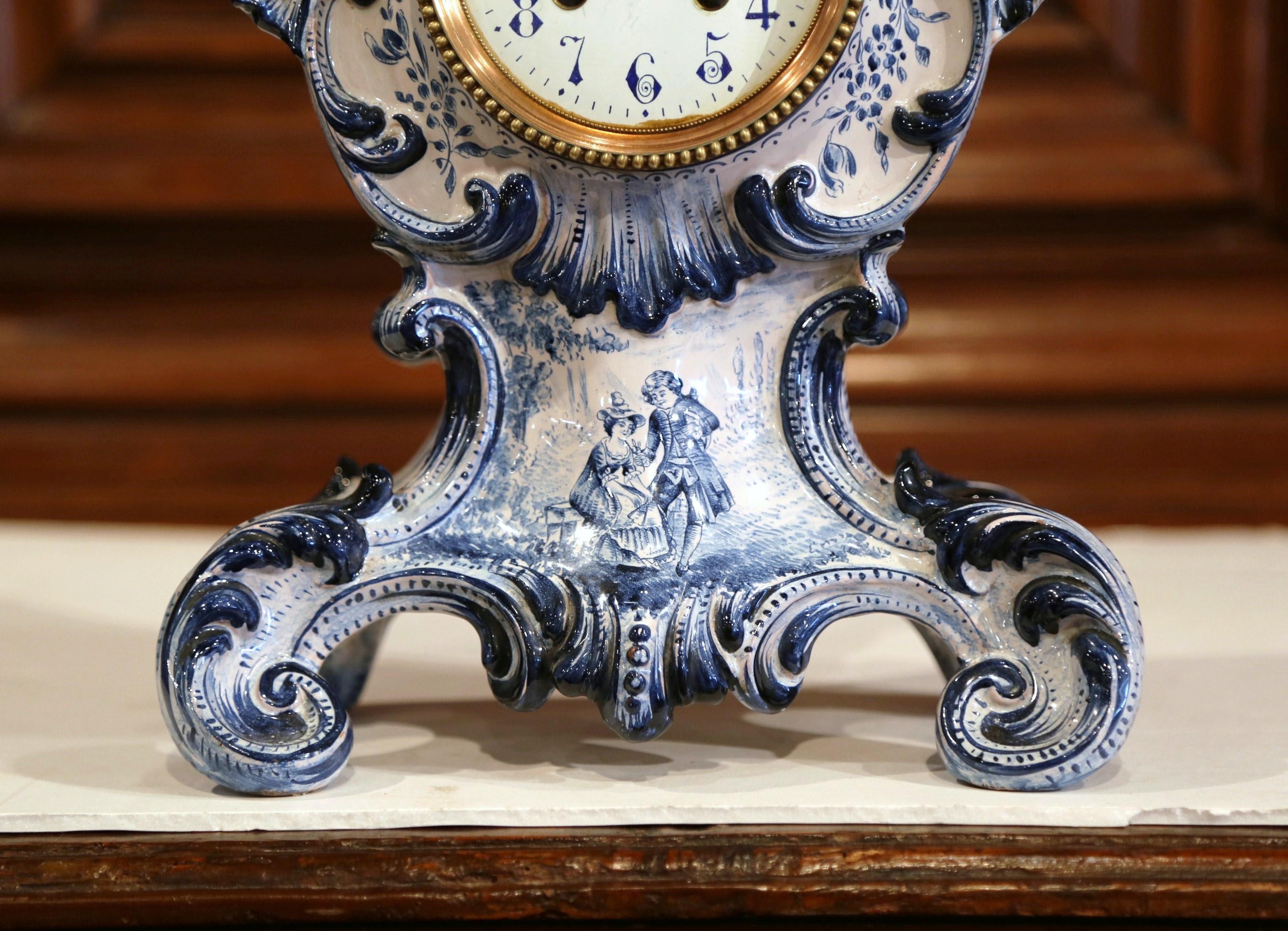 Hand-Crafted Late 19th Century French Hand-Painted Blue and White Faience Mantel Clock