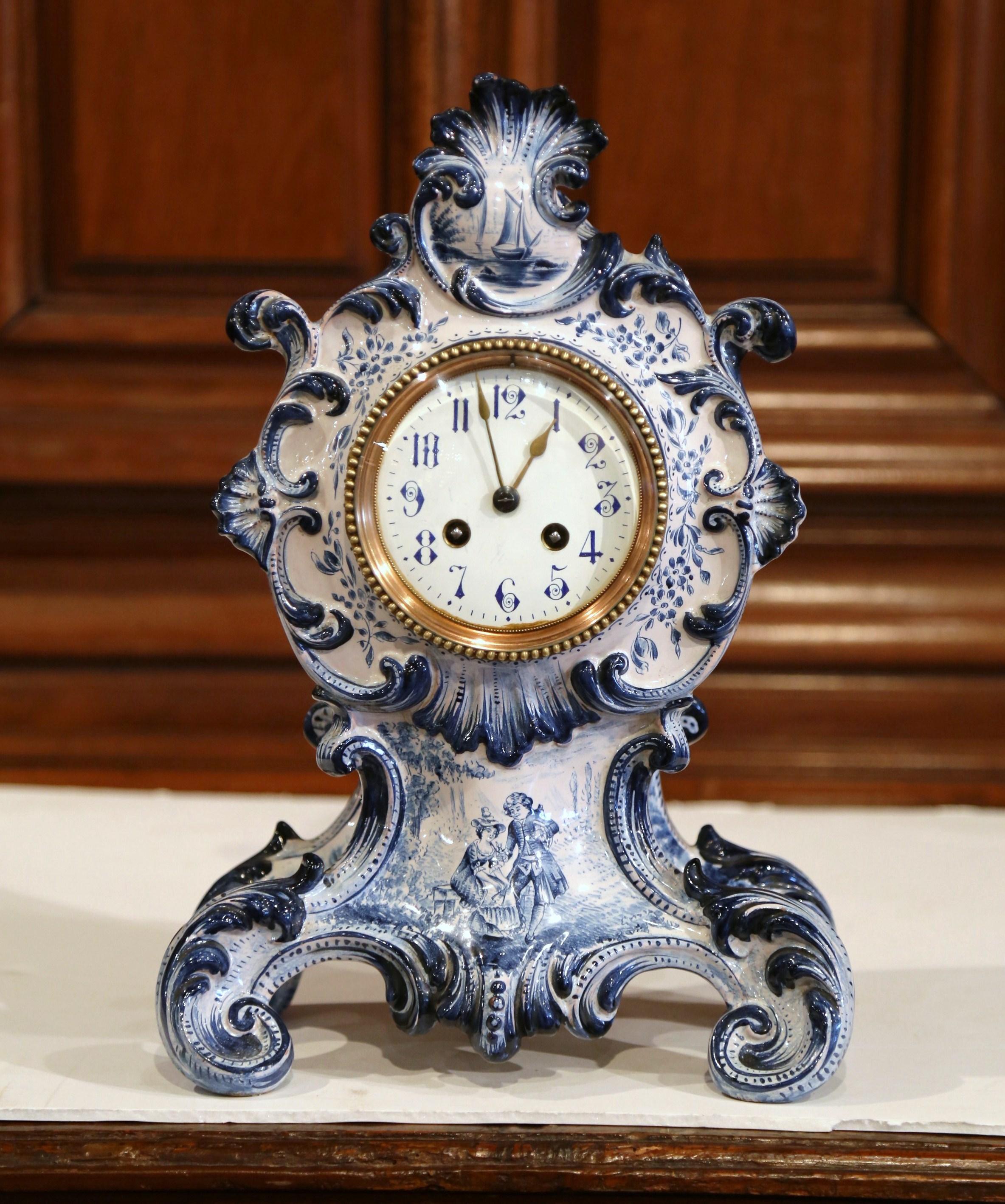 Late 19th Century French Hand-Painted Blue and White Faience Mantel Clock In Excellent Condition In Dallas, TX