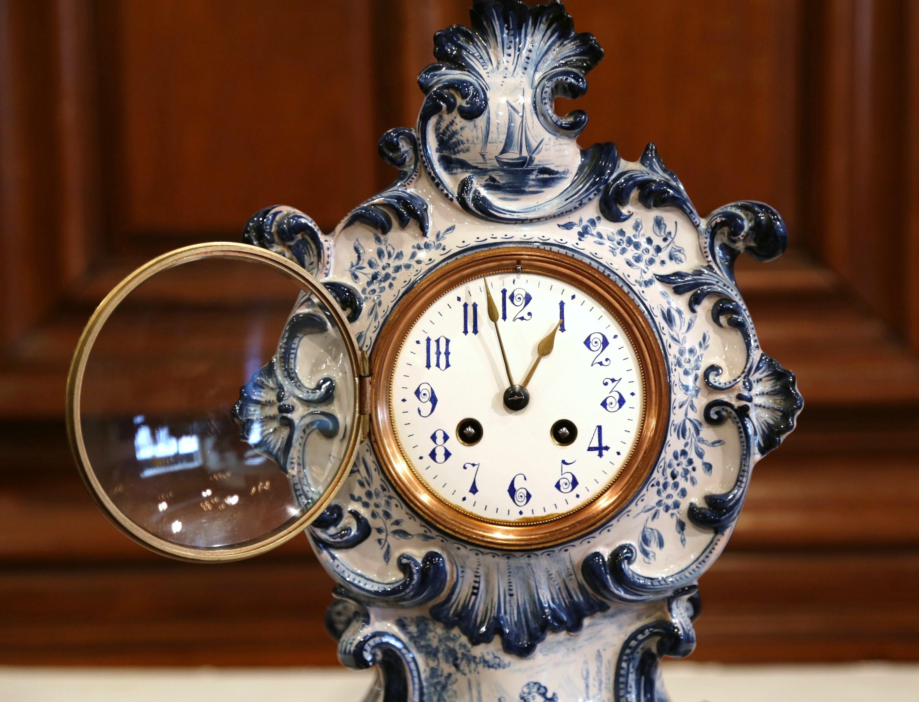Brass Late 19th Century French Hand-Painted Blue and White Faience Mantel Clock