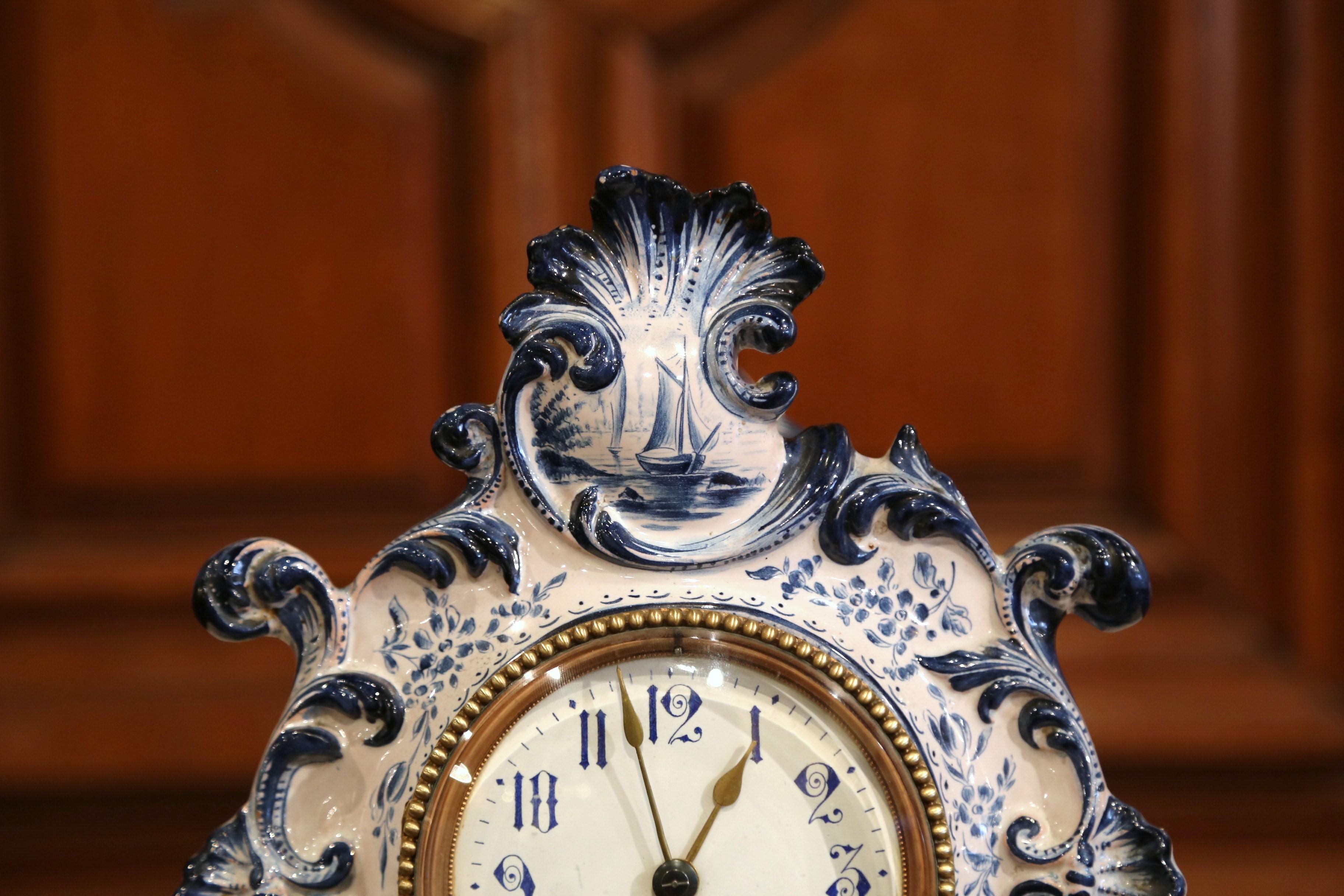 Late 19th Century French Hand-Painted Blue and White Faience Mantel Clock 1