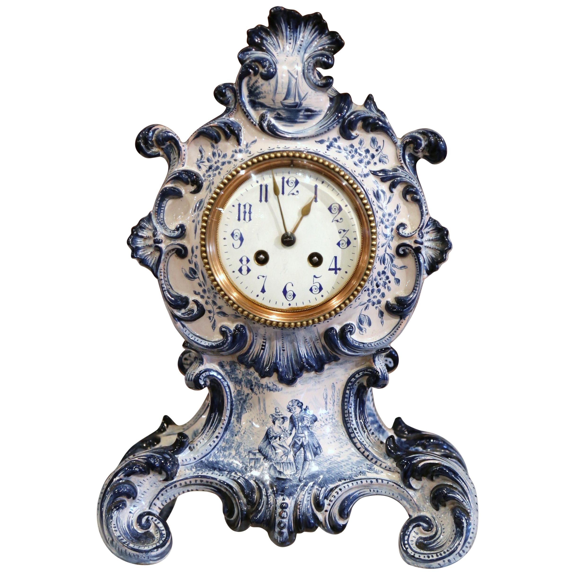 Late 19th Century French Hand-Painted Blue and White Faience Mantel Clock