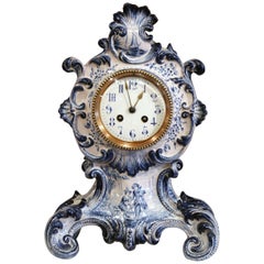 Late 19th Century French Hand-Painted Blue and White Faience Mantel Clock