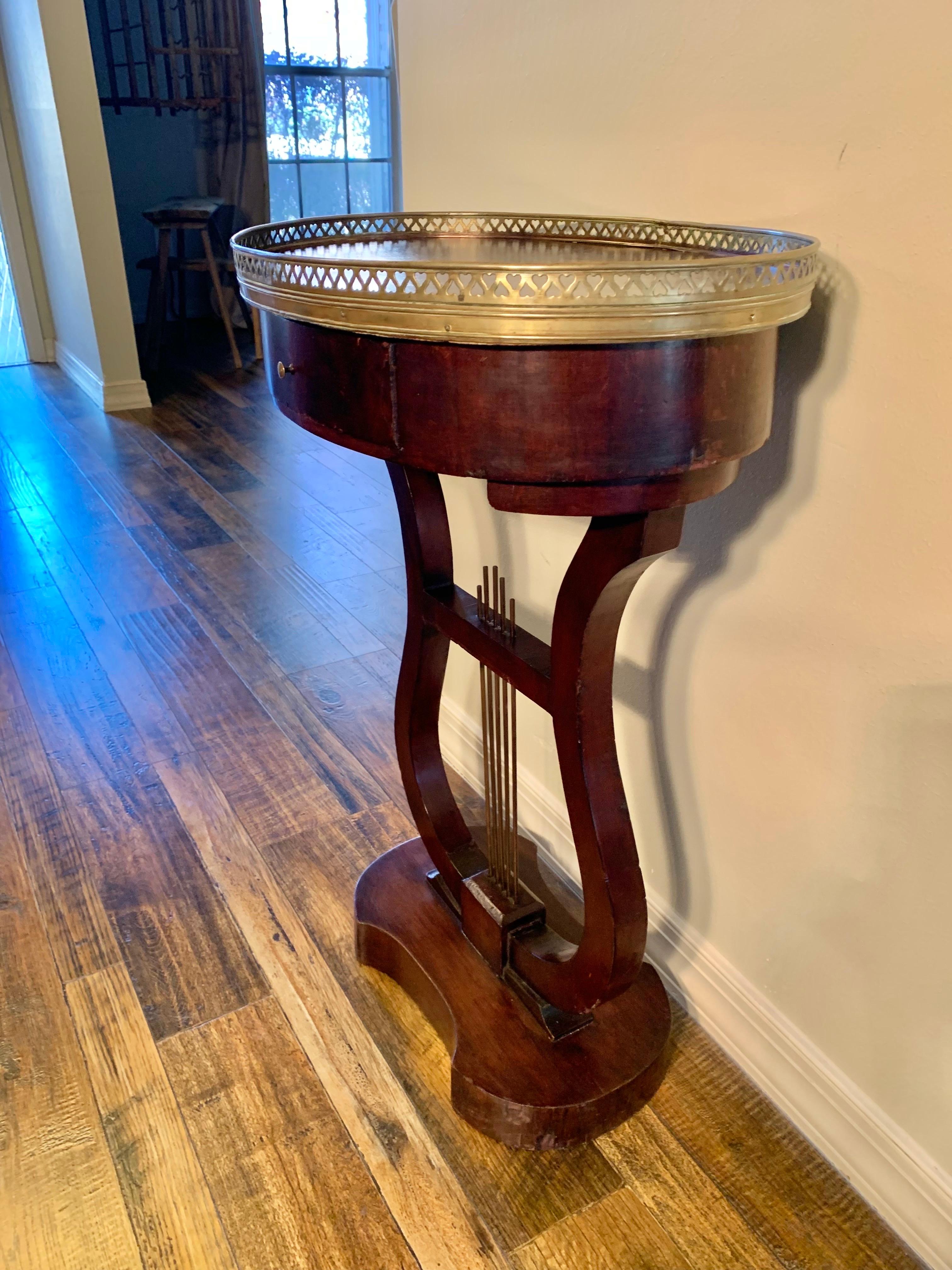 Hand-Crafted Late 19th Century French Harp or Lyre Style One Drawer Side Table For Sale