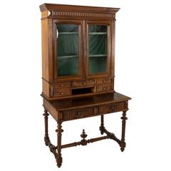 Late 19th Century French Henri II Hand Carved Walnut Secretary Bookcase Desk