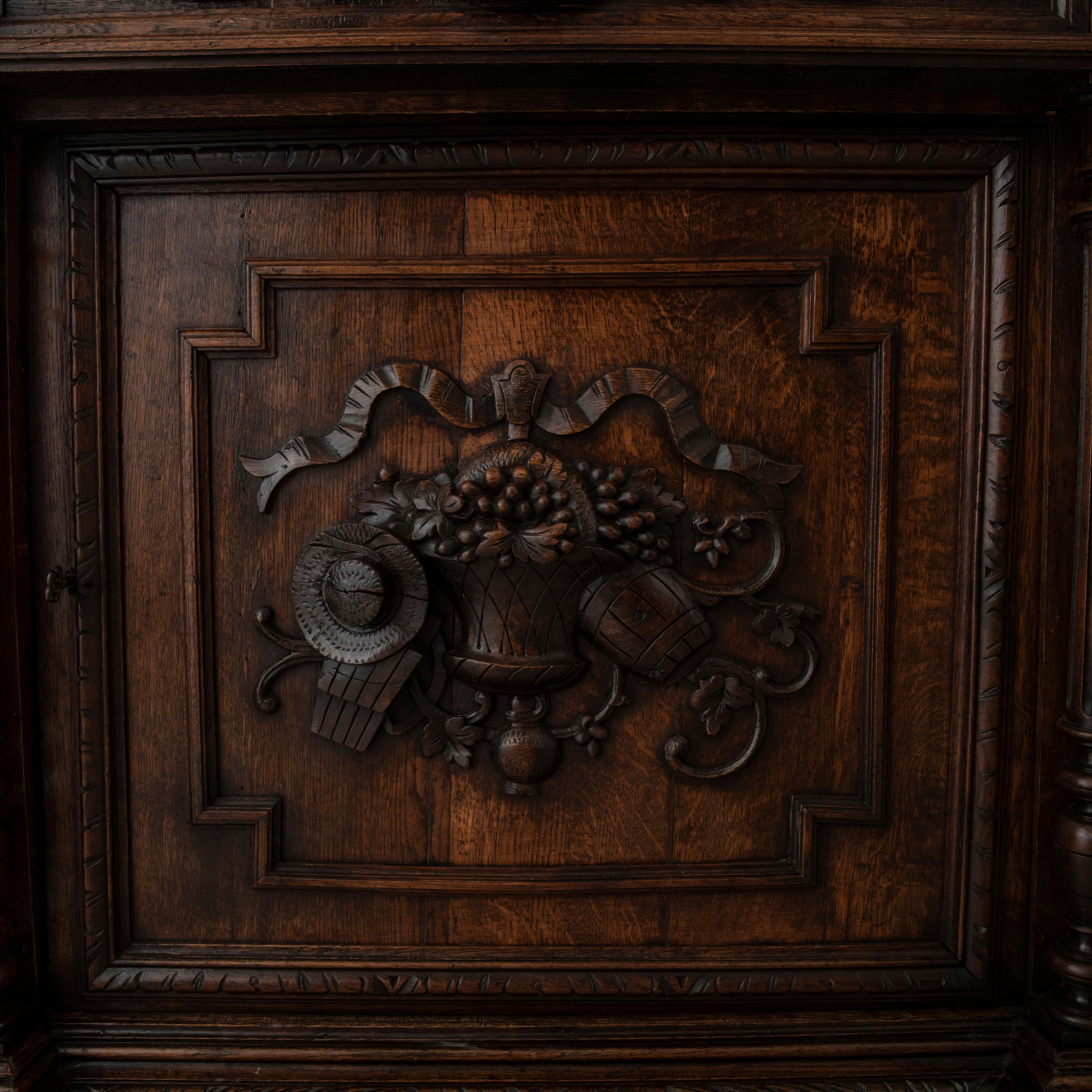 Late 19th Century French Henri II Style Carved Oak Buffet Deux Corps 6