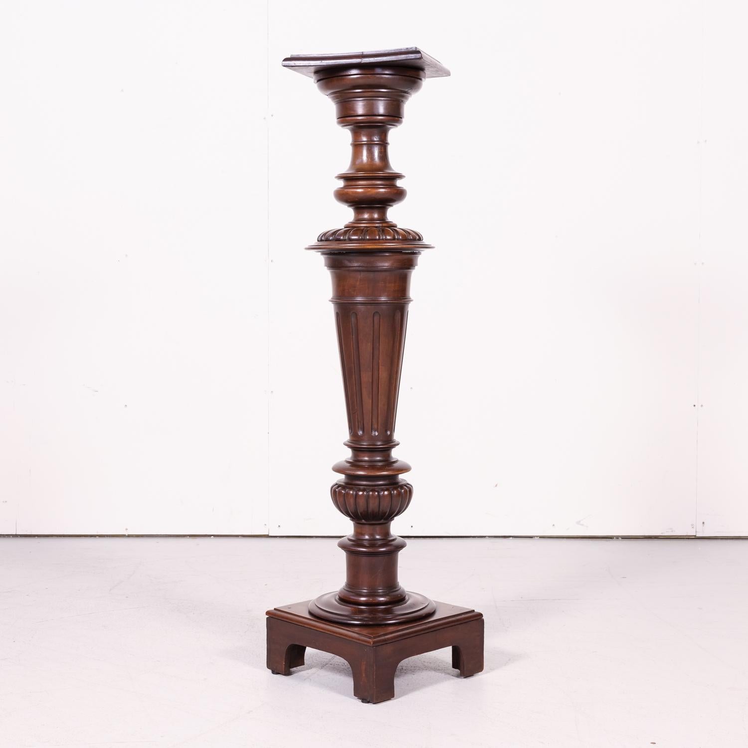Late 19th Century French Henri II Style Hand Carved Solid Walnut Pedestal Stand In Good Condition For Sale In Birmingham, AL