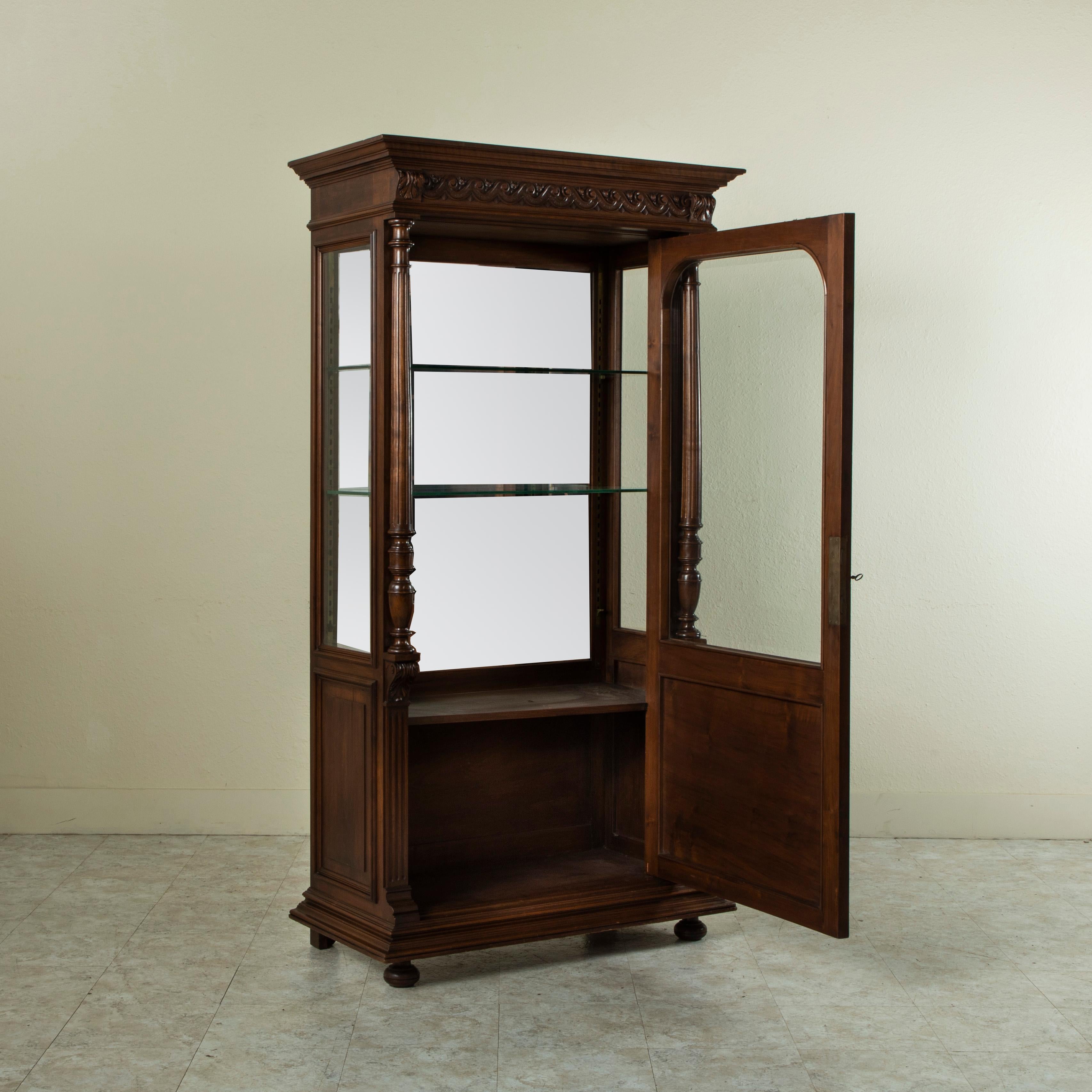 Glass Late 19th Century French Henri II Style Hand Carved Walnut Vitrine For Sale
