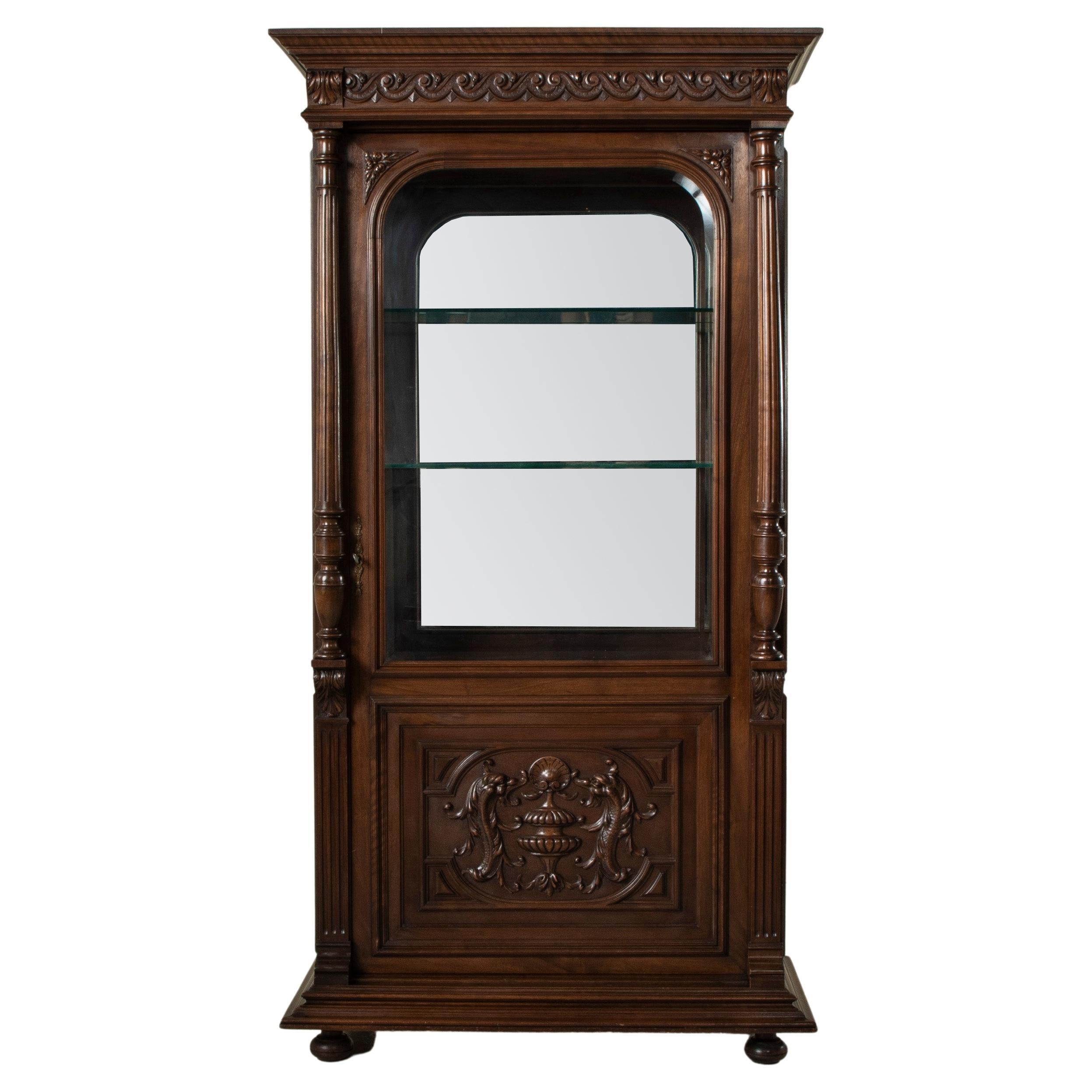 Late 19th Century French Henri II Style Hand Carved Walnut Vitrine For Sale