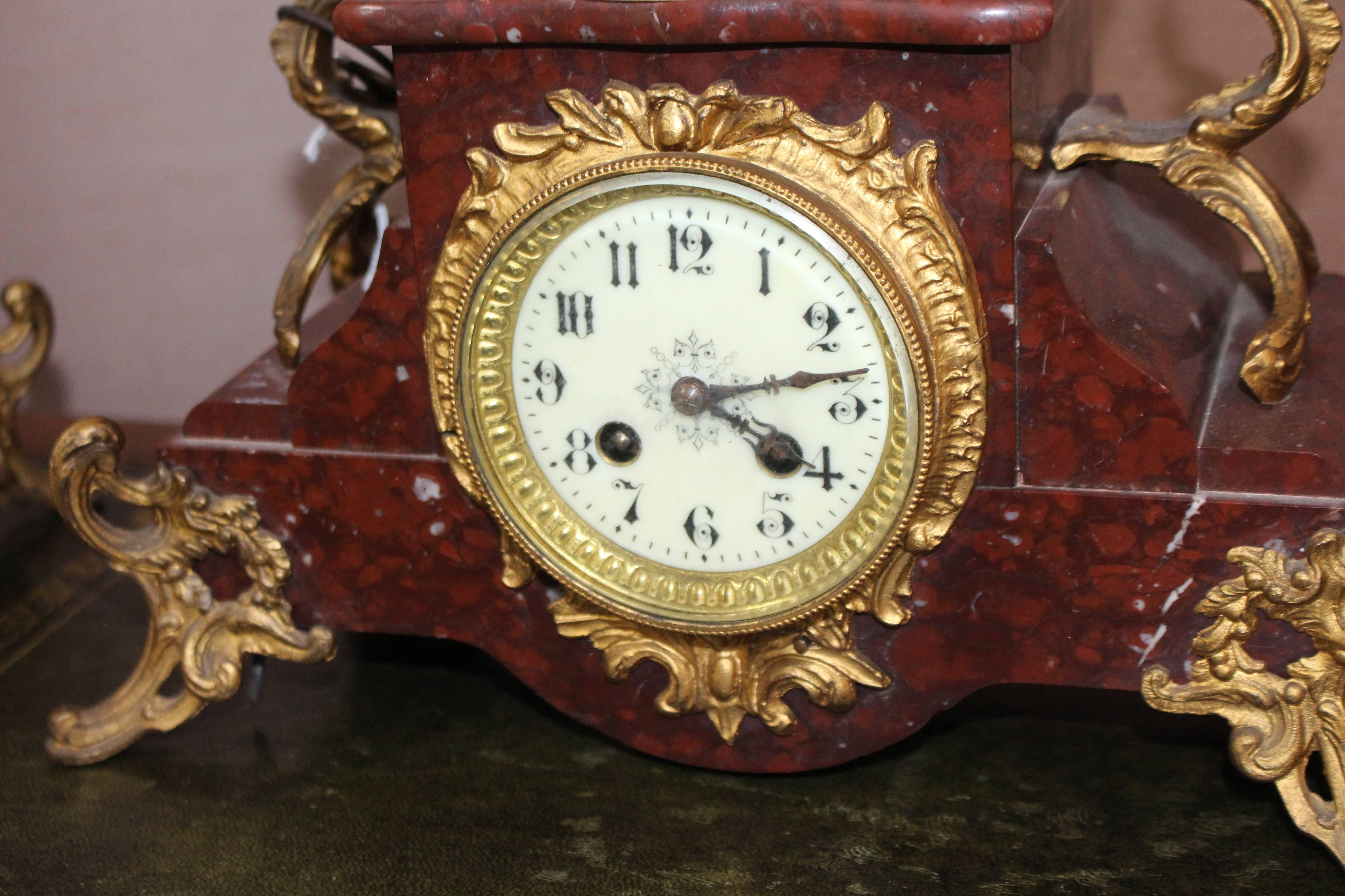 Late 19th Century French Imitation Bronze Spelter and Marble Clock Garniture Set 3