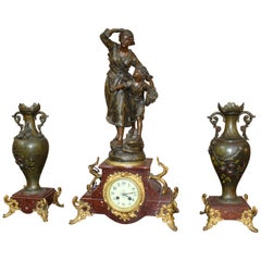 Antique Late 19th Century French Imitation Bronze Spelter and Marble Clock Garniture Set