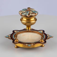 Late 19th Century French Inkwell with Enamel Decoration and Onyx Plate