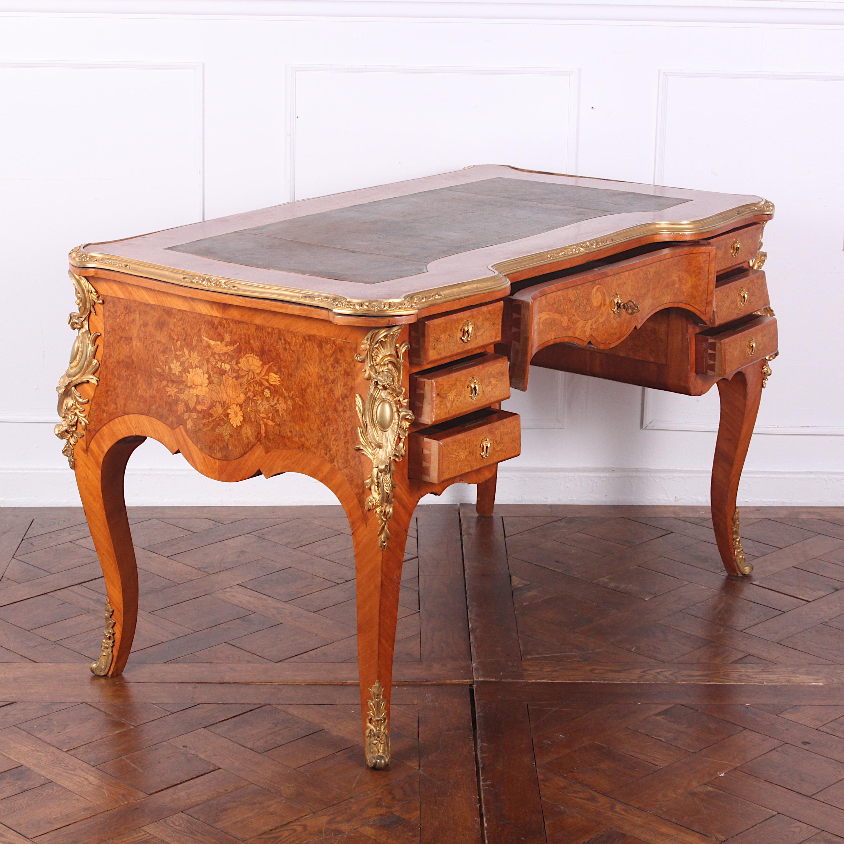 Marquetry Late 19th Century French Inlaid Louis XV Style Writing Desk Bureau Plat