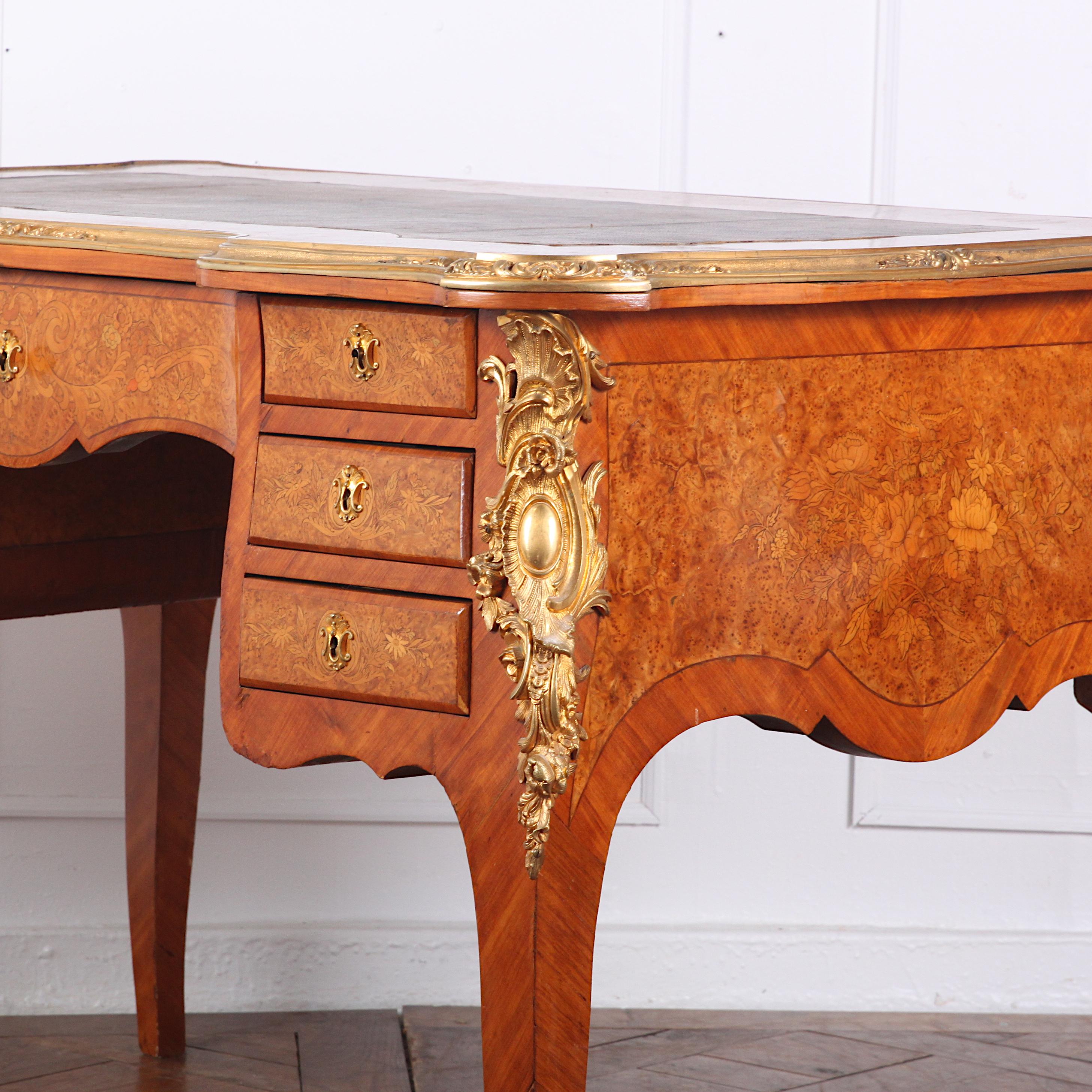 Late 19th Century French Inlaid Louis XV Style Writing Desk Bureau Plat 1