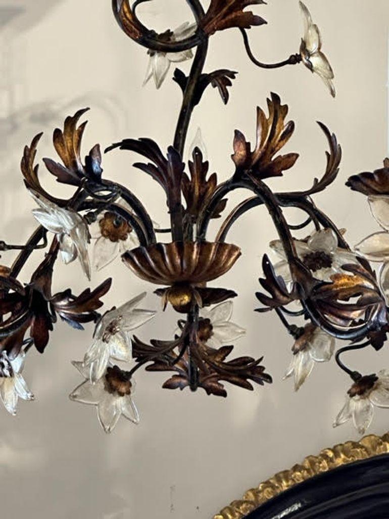 Late 19th Century French Iron and Glass Flower Chandelier In Good Condition In Dallas, TX
