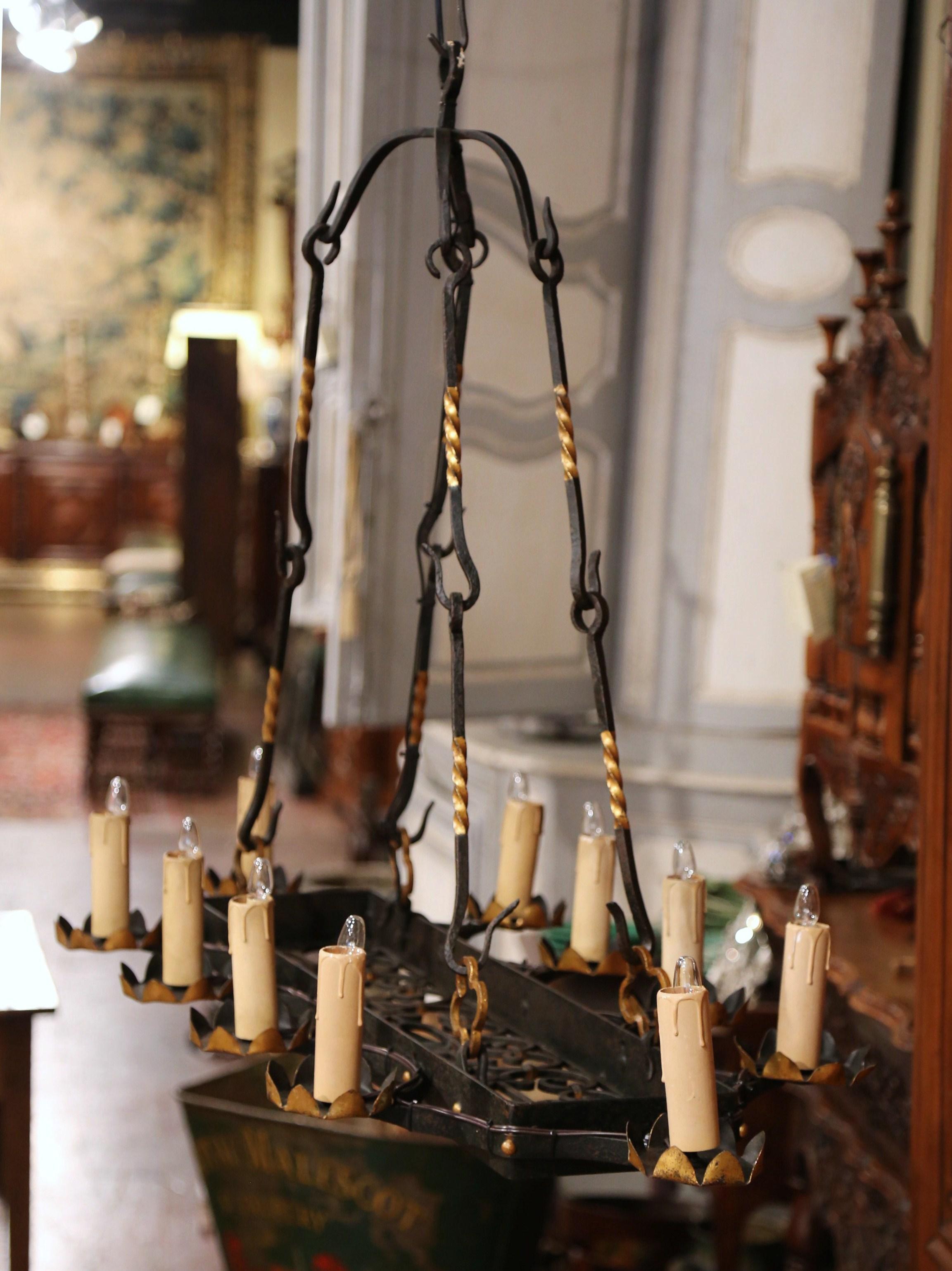 Gothic 19th Century French Flat Bottom Forged Iron Ten-Light Chandelier