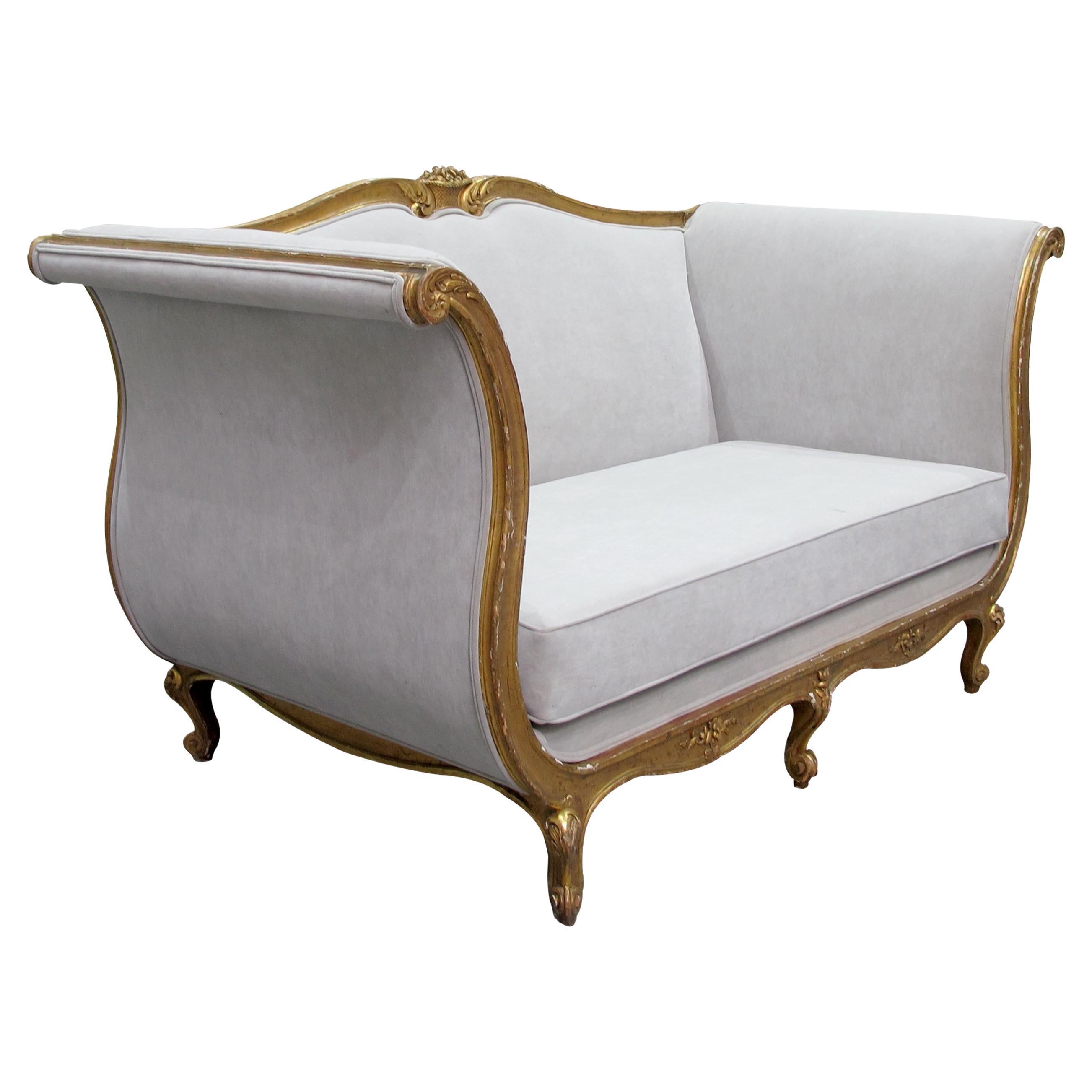 Late 19th Century French Large Gilt Frame Sofa Newly Upholstered For Sale