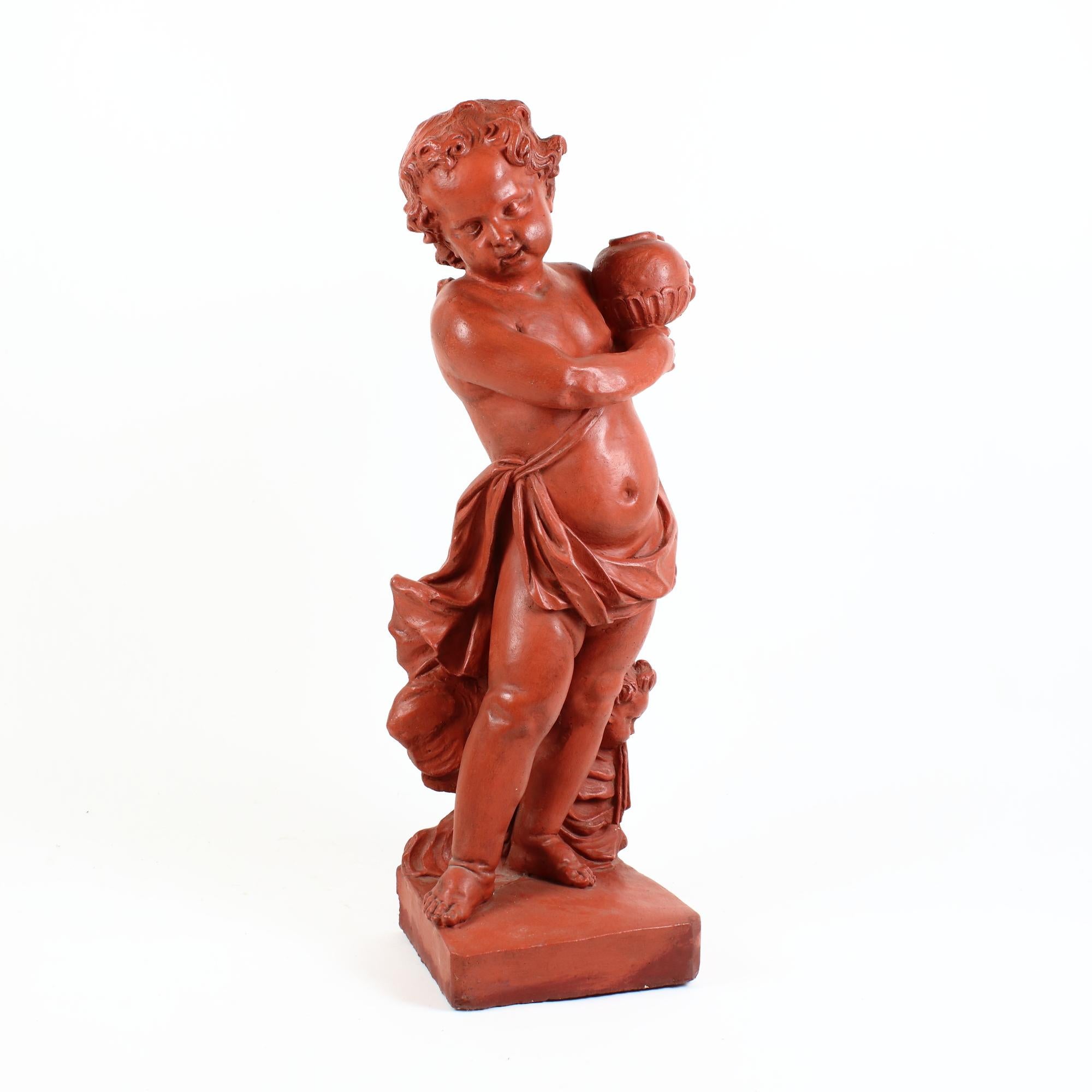 Late 19th century French large Louis XV sculpture of a Putto with Zephyr.

A figure of a boy standing on a rectangular plinth, looking aside while holding a ball or stylised poppy capsule and a stick in his hands. His only dress is a drapery