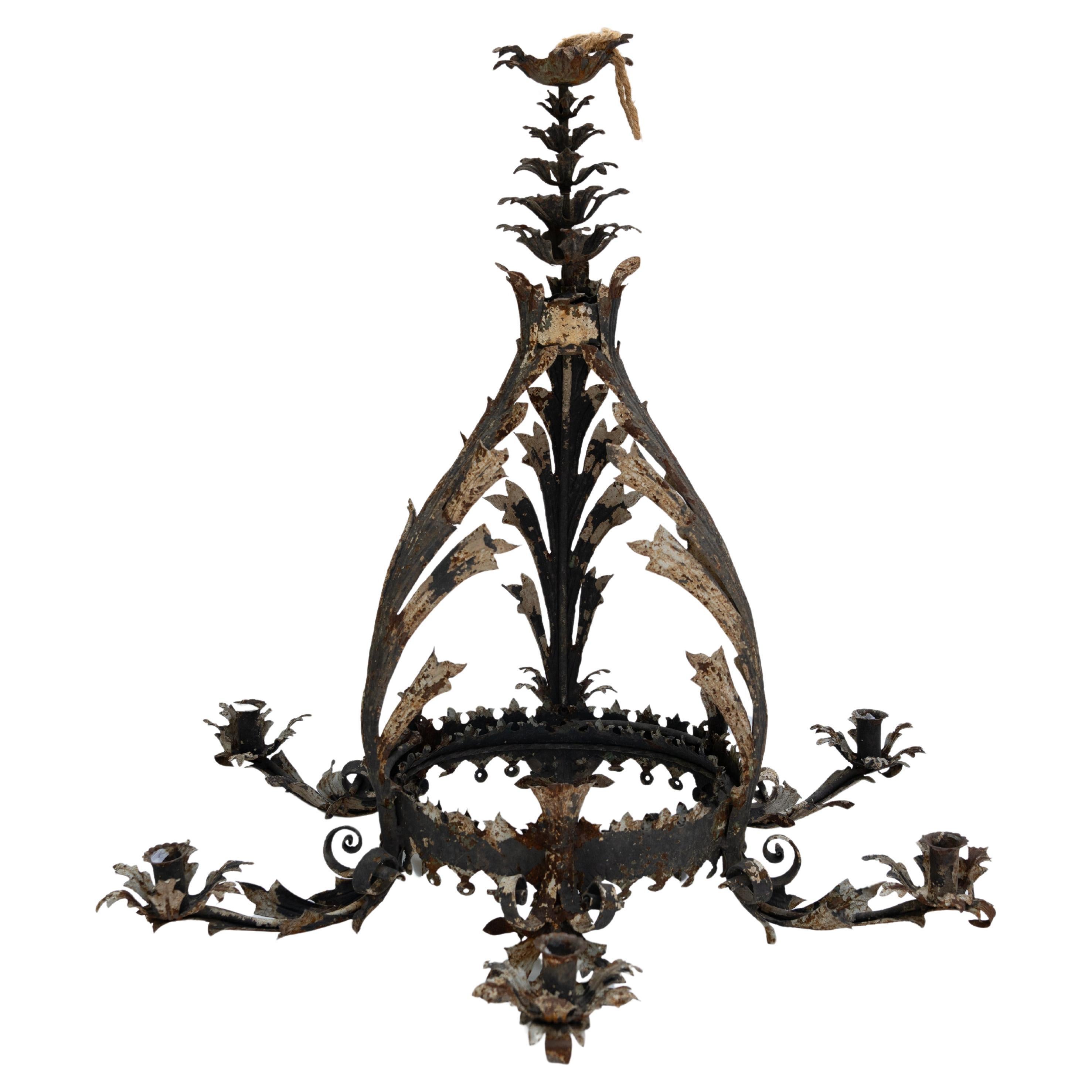 Late 19th Century French Leaf Motif Painted (non-electrified) Metal Chandelier For Sale