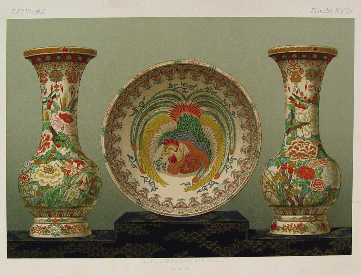 Anglo-Japanese Late 19th Century French Lithographs of Japanese Satsuma Ceramics - a Pair For Sale