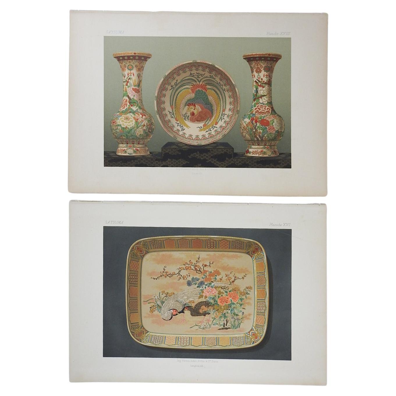 Paire de lithographies françaises de la fin du XIXe siècle représentant des céramiques japonaises Satsuma