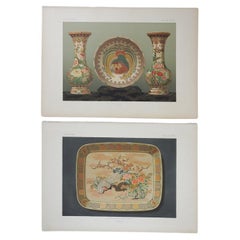 Antique Late 19th Century French Lithographs of Japanese Satsuma Ceramics - a Pair