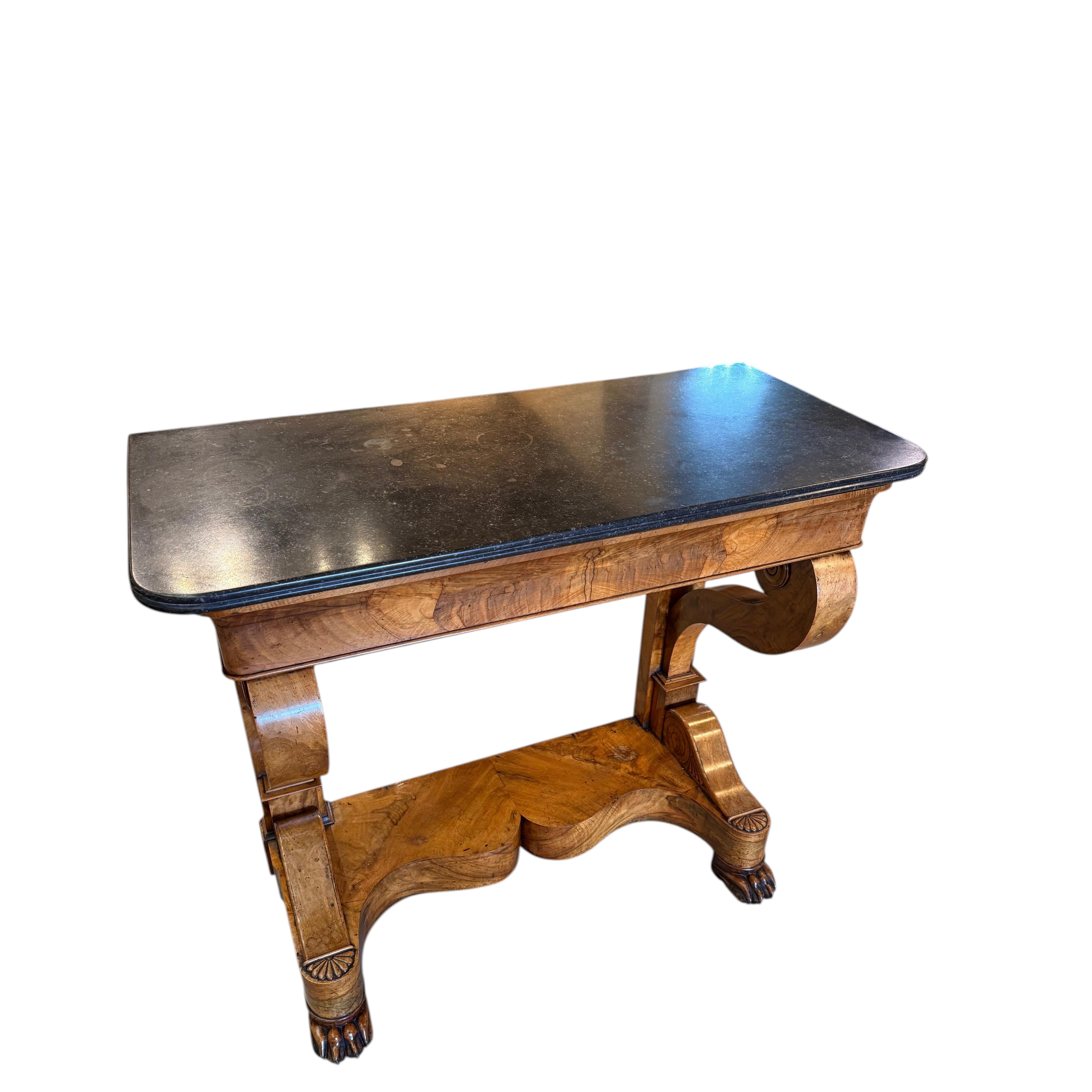 Late 19th Century French Louis Philippe Burr Walnut and Marble Topped Console Ta