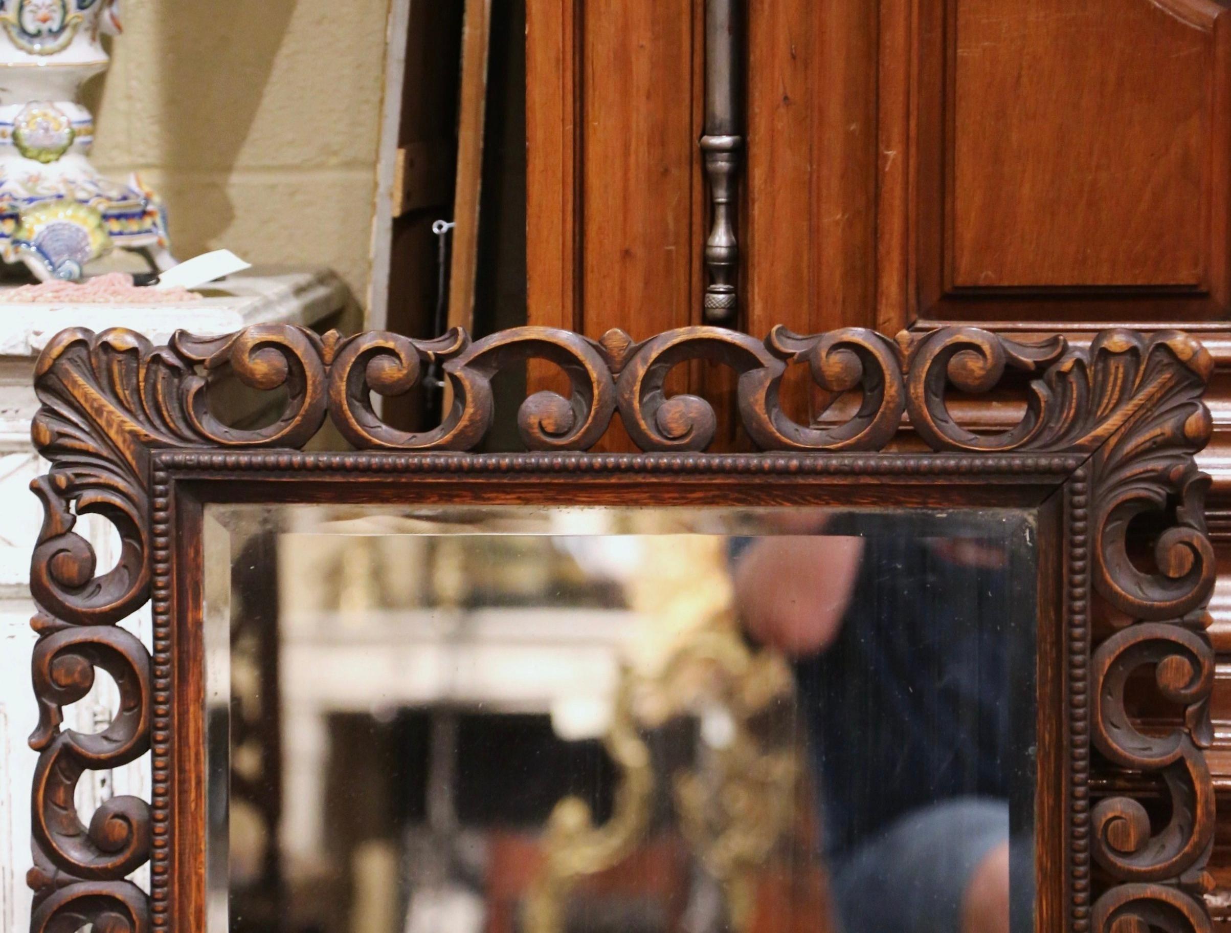 Late 19th Century French Louis XIII Carved Oak Wall Mirror with Beveled Glass In Excellent Condition In Dallas, TX
