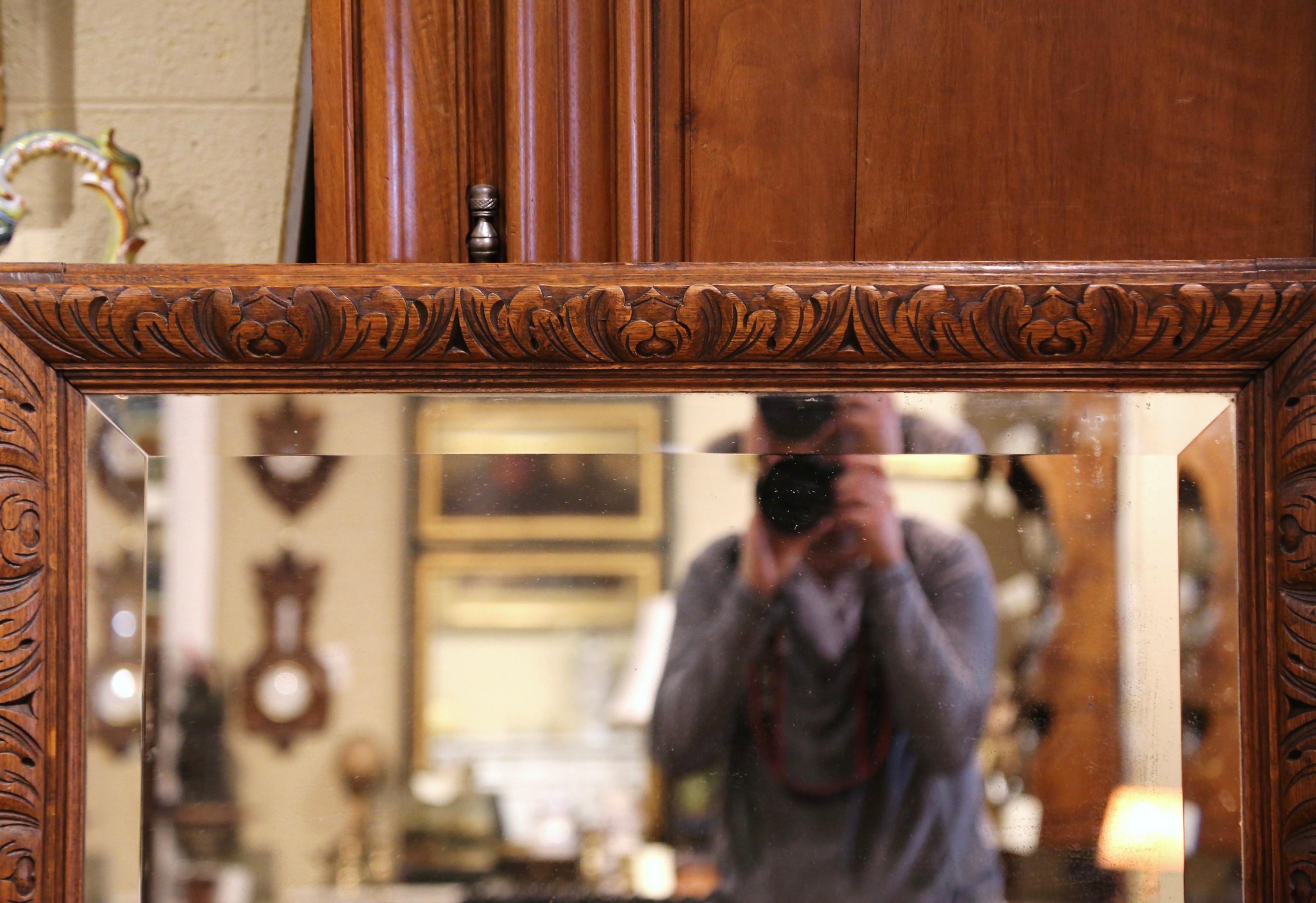 Late 19th Century French Louis XIII Carved Oak Wall Mirror with Leaf Decor 1