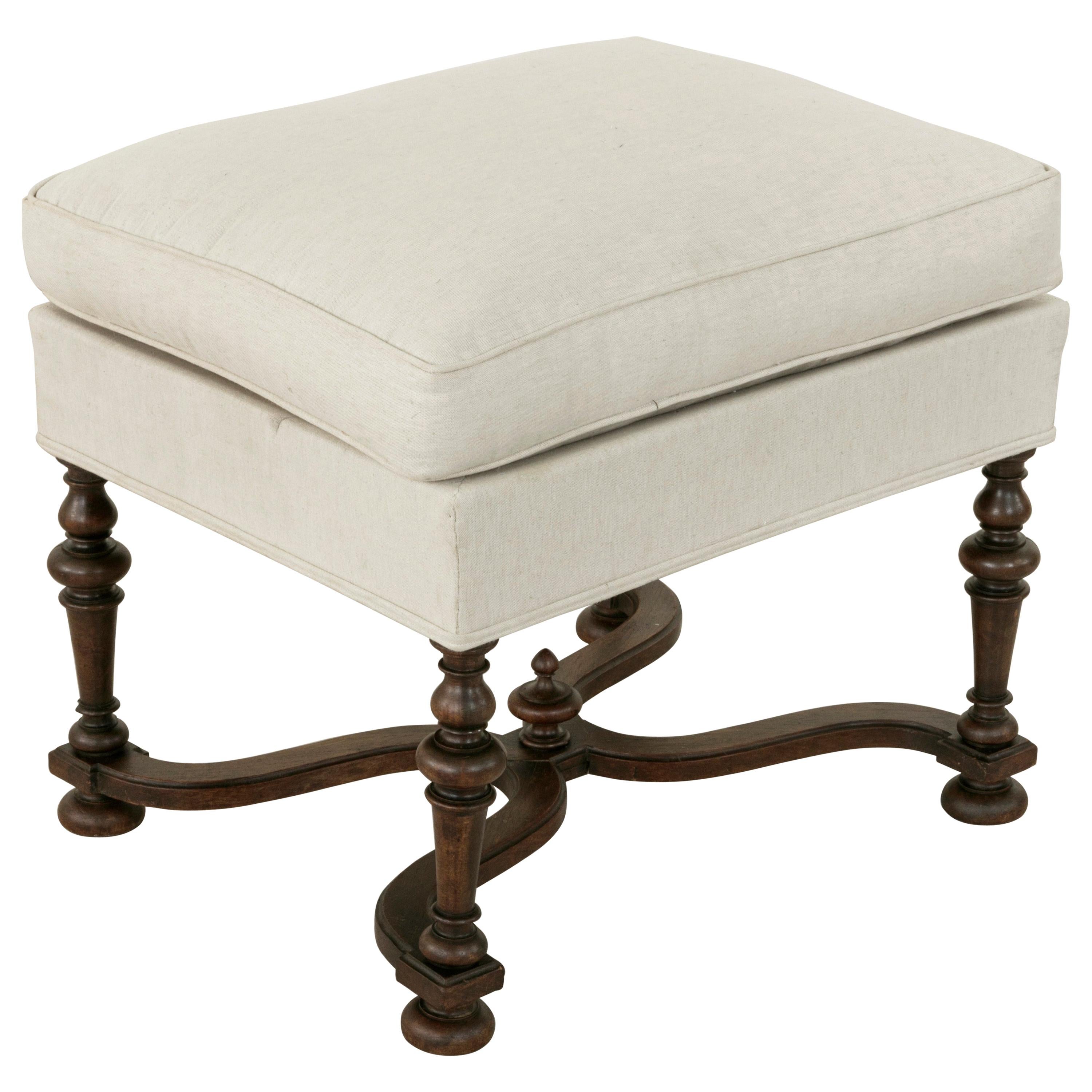 Late 19th Century French Louis XIII Style Beechwood Ottoman, Linen Upholstery