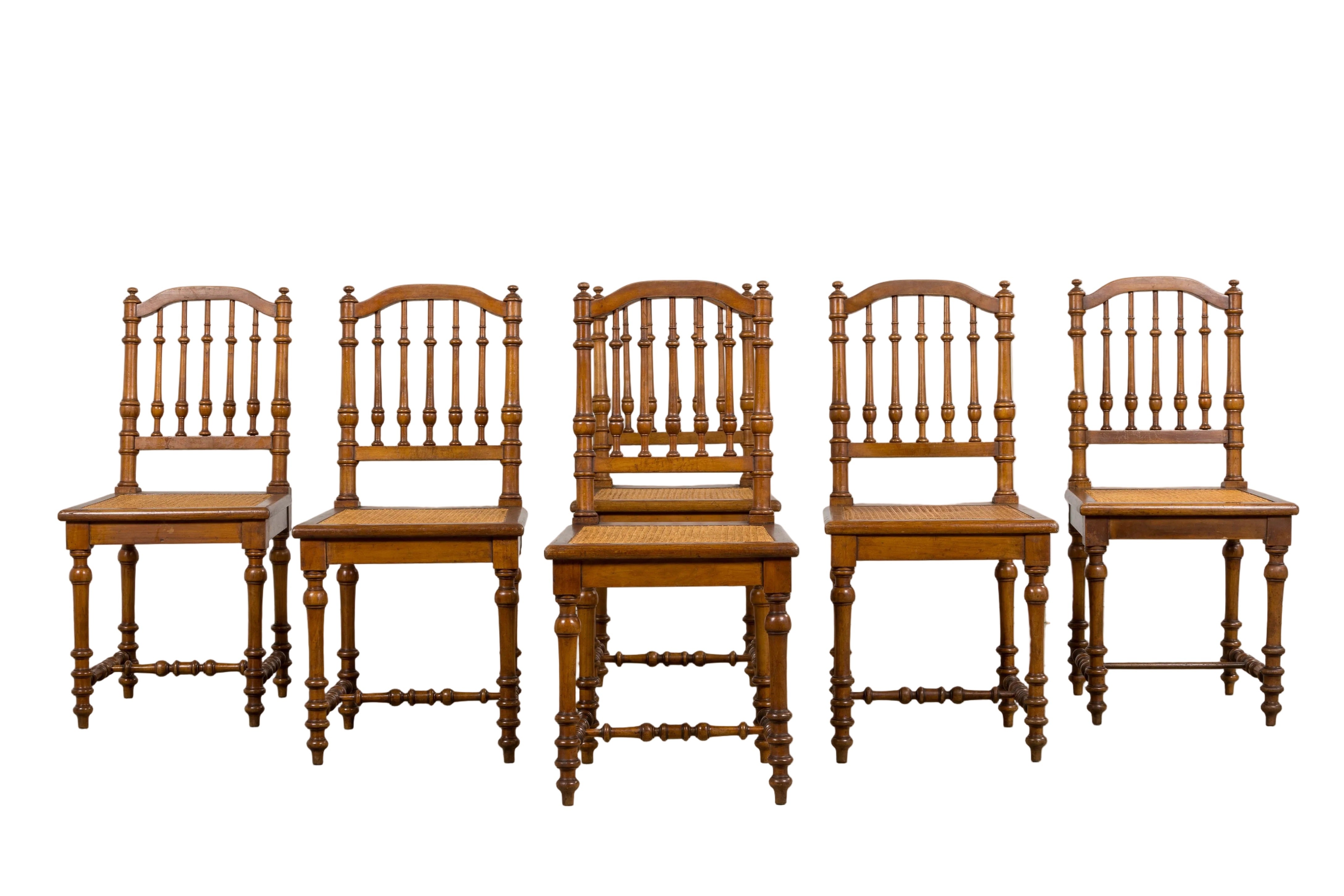 Late 19th Century French Louis XIII Style Dining Chairs W/ Cane Seats - Set of 6 For Sale