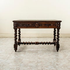 Late 19th Century French Louis XIII Style Hand Carved Oak Desk, Leather Top