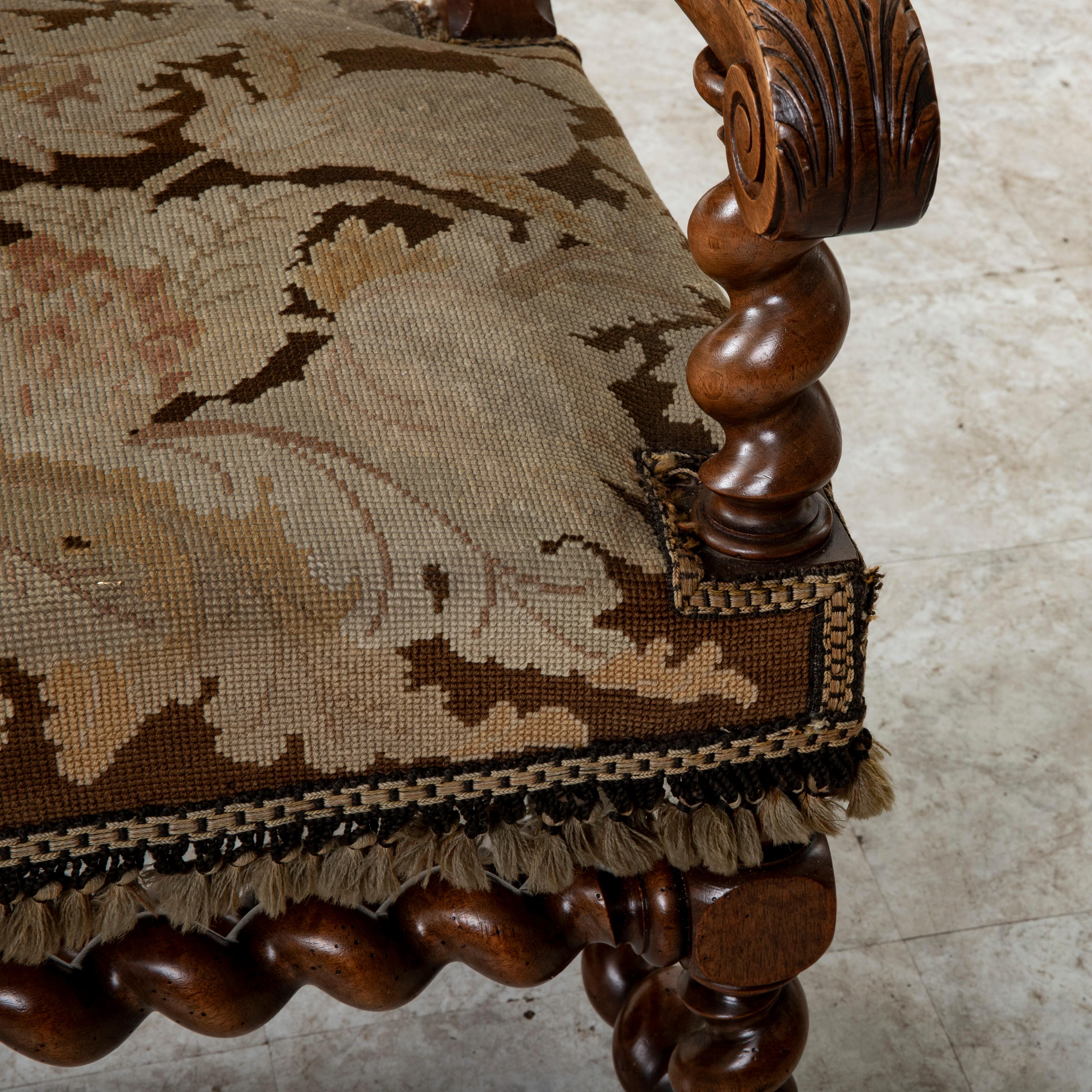 Late 19th Century French Louis XIII Style Hand Carved Walnut Armchair For Sale 6