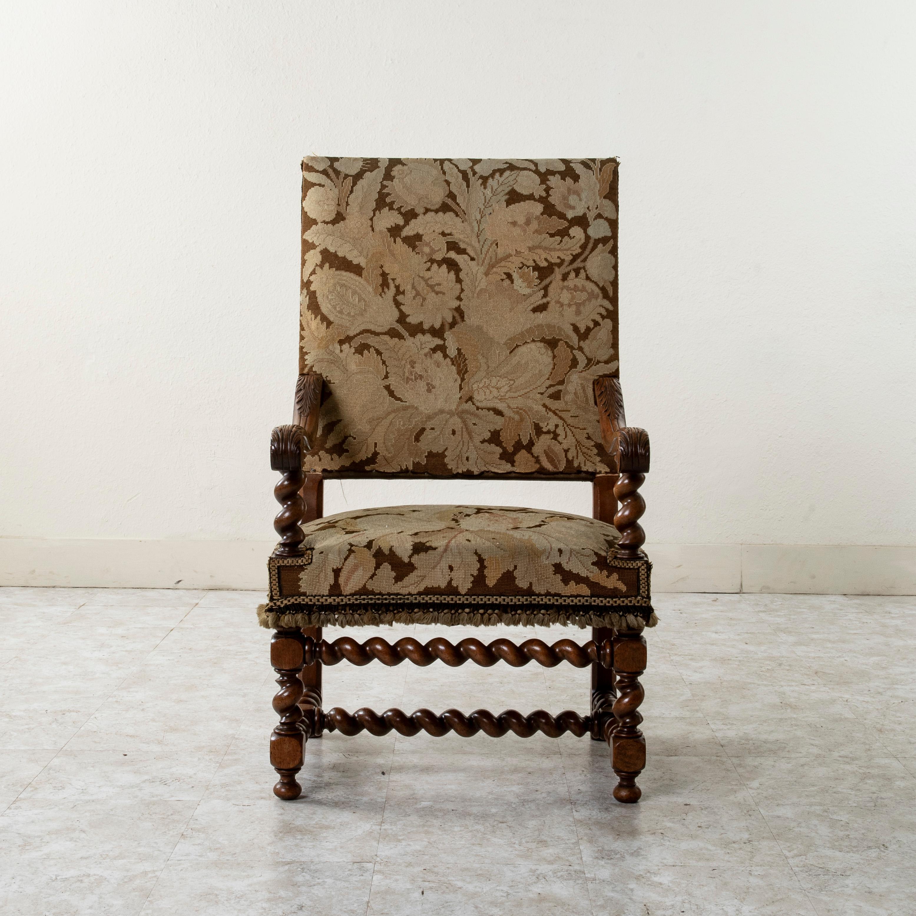 Hand-Carved Late 19th Century French Louis XIII Style Hand Carved Walnut Armchair For Sale