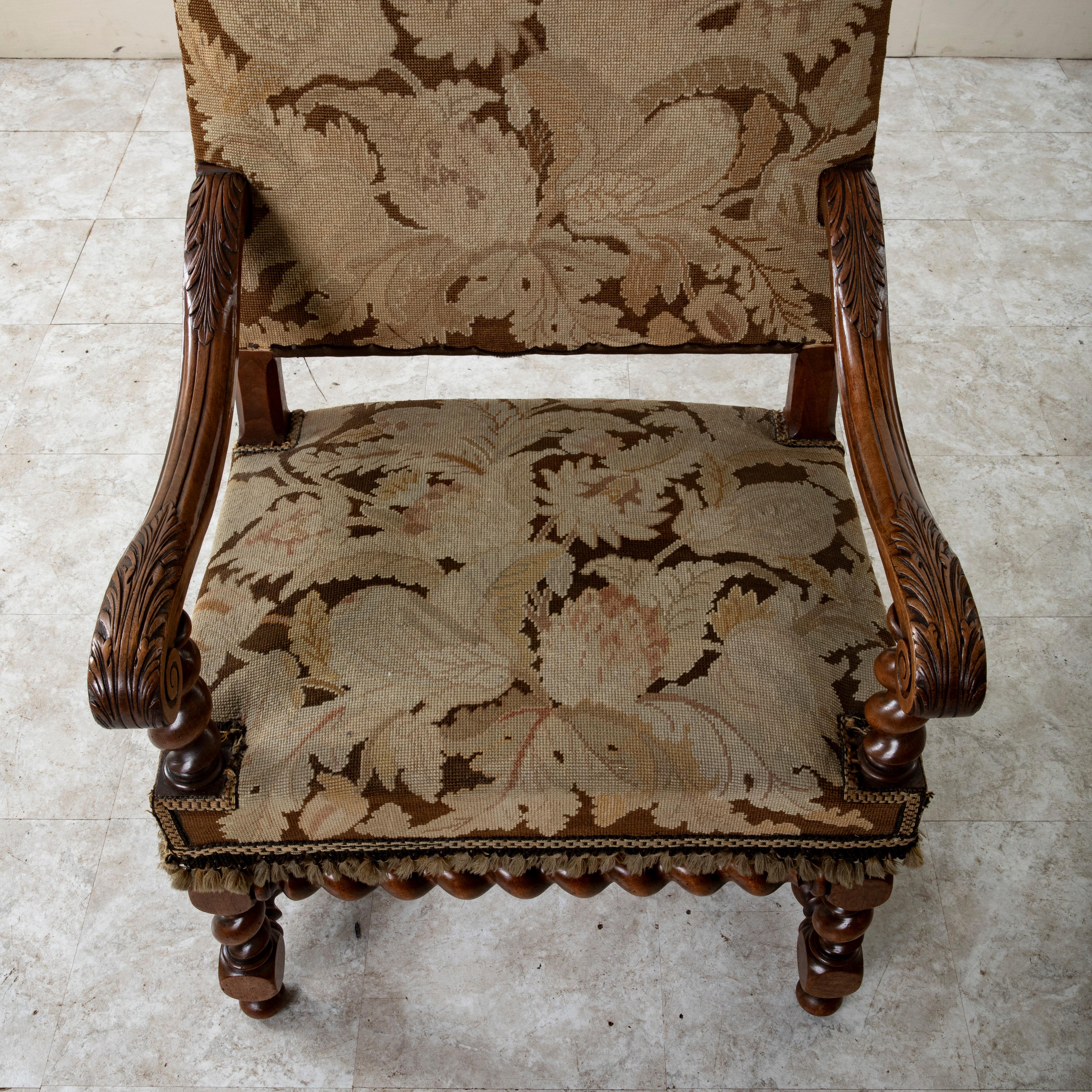 Late 19th Century French Louis XIII Style Hand Carved Walnut Armchair For Sale 3