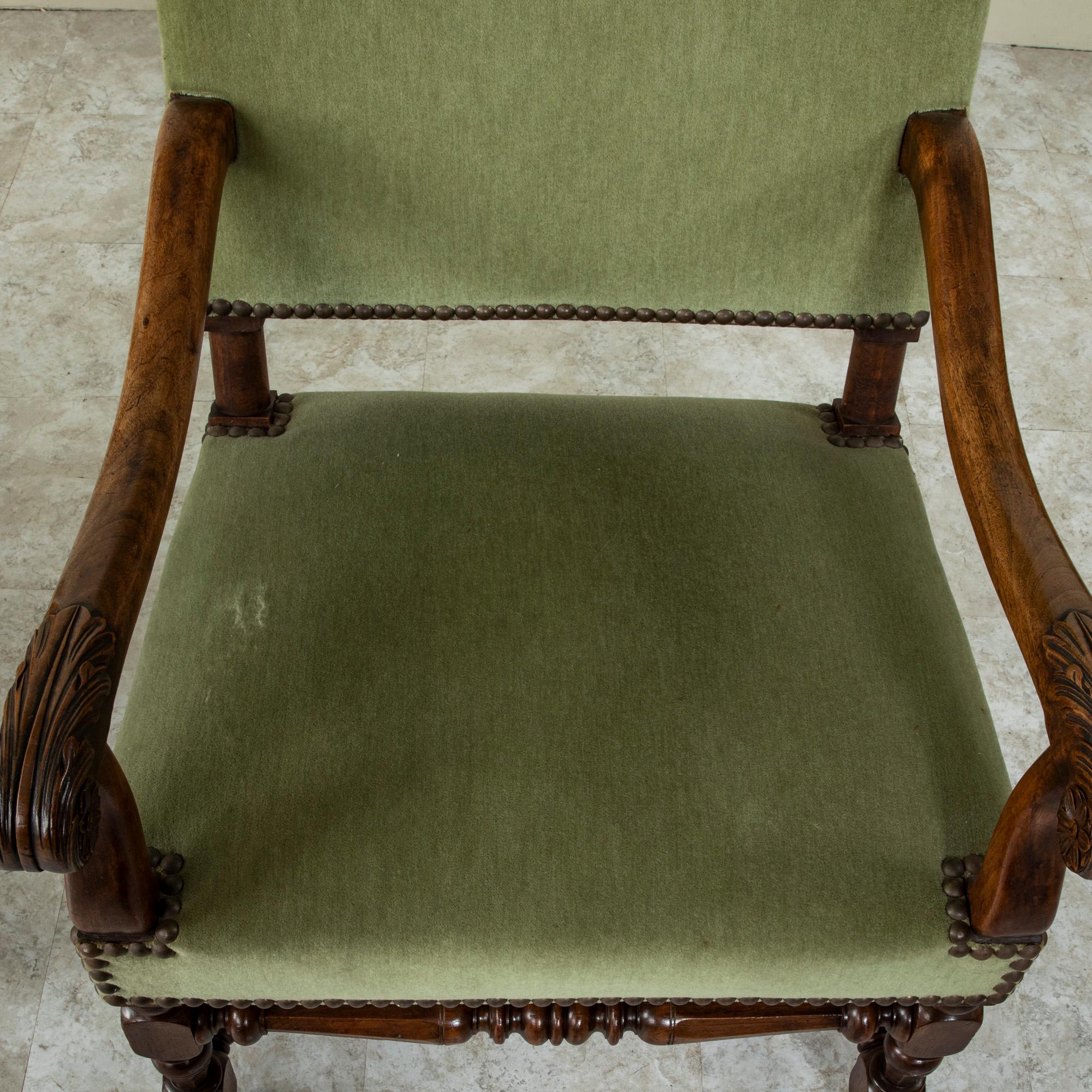 Late 19th Century French Louis XIII Style Hand Carved Walnut Armchairs, Mohair 6