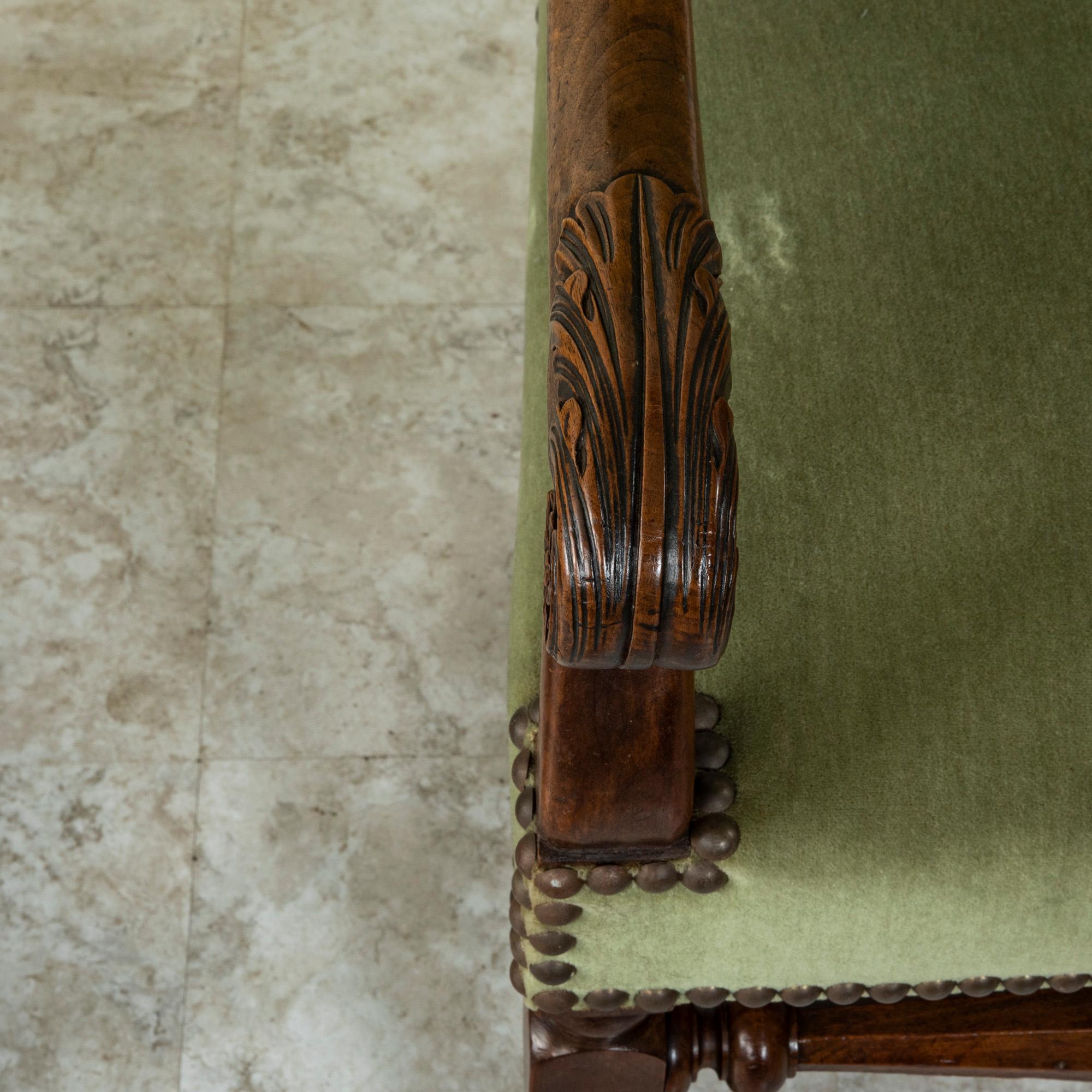 Late 19th Century French Louis XIII Style Hand Carved Walnut Armchairs, Mohair 8