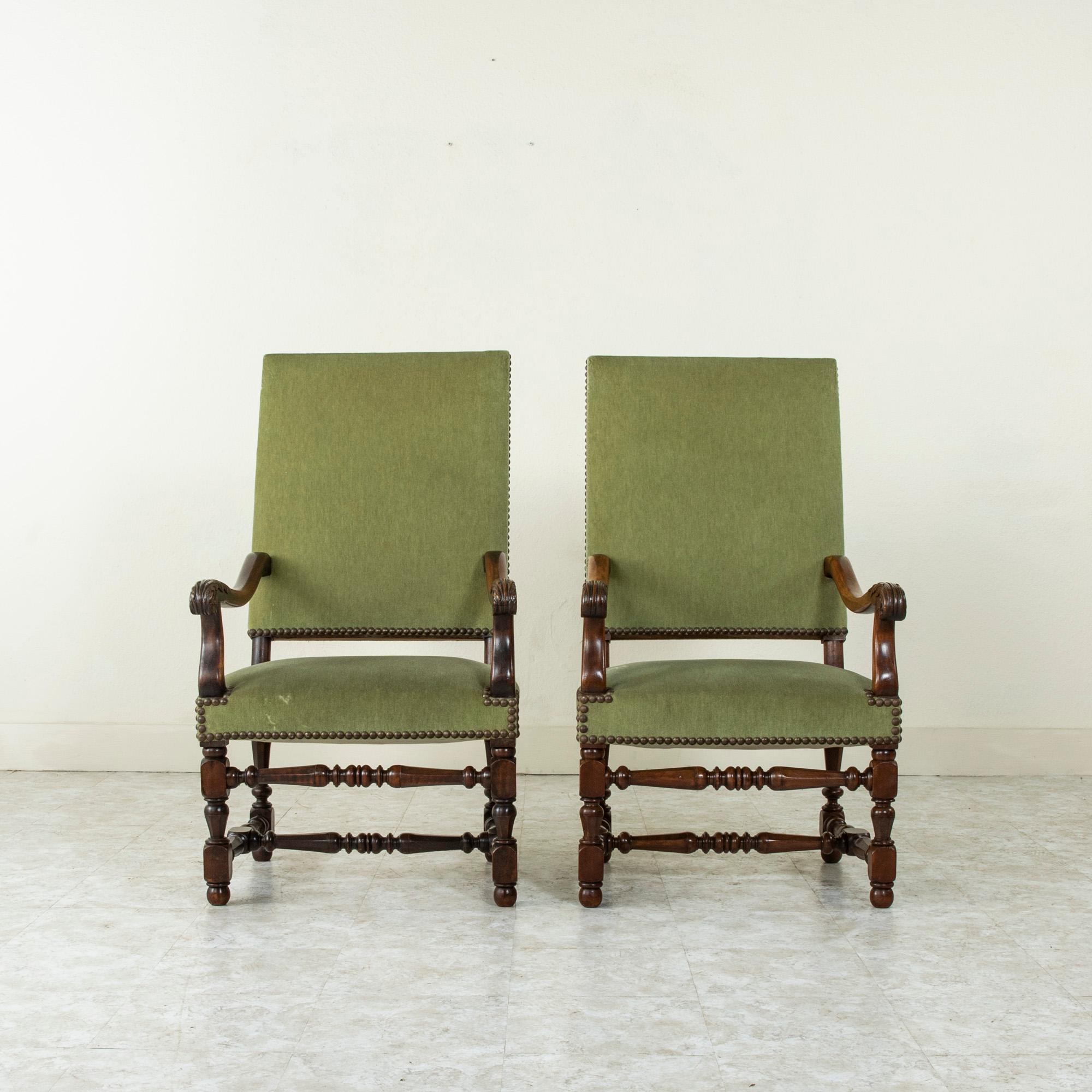 Hand-Carved Late 19th Century French Louis XIII Style Hand Carved Walnut Armchairs, Mohair