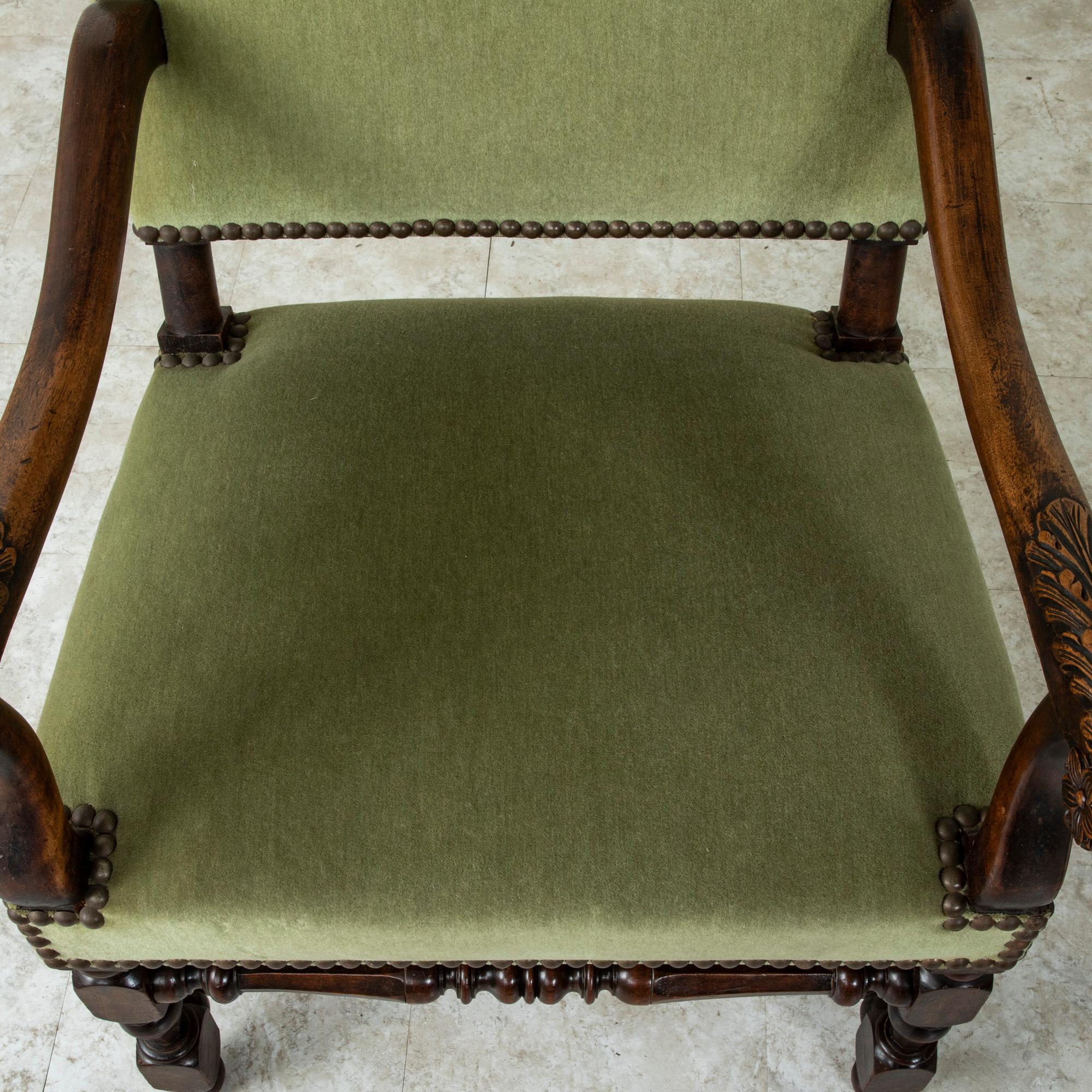 Late 19th Century French Louis XIII Style Hand Carved Walnut Armchairs, Mohair 5