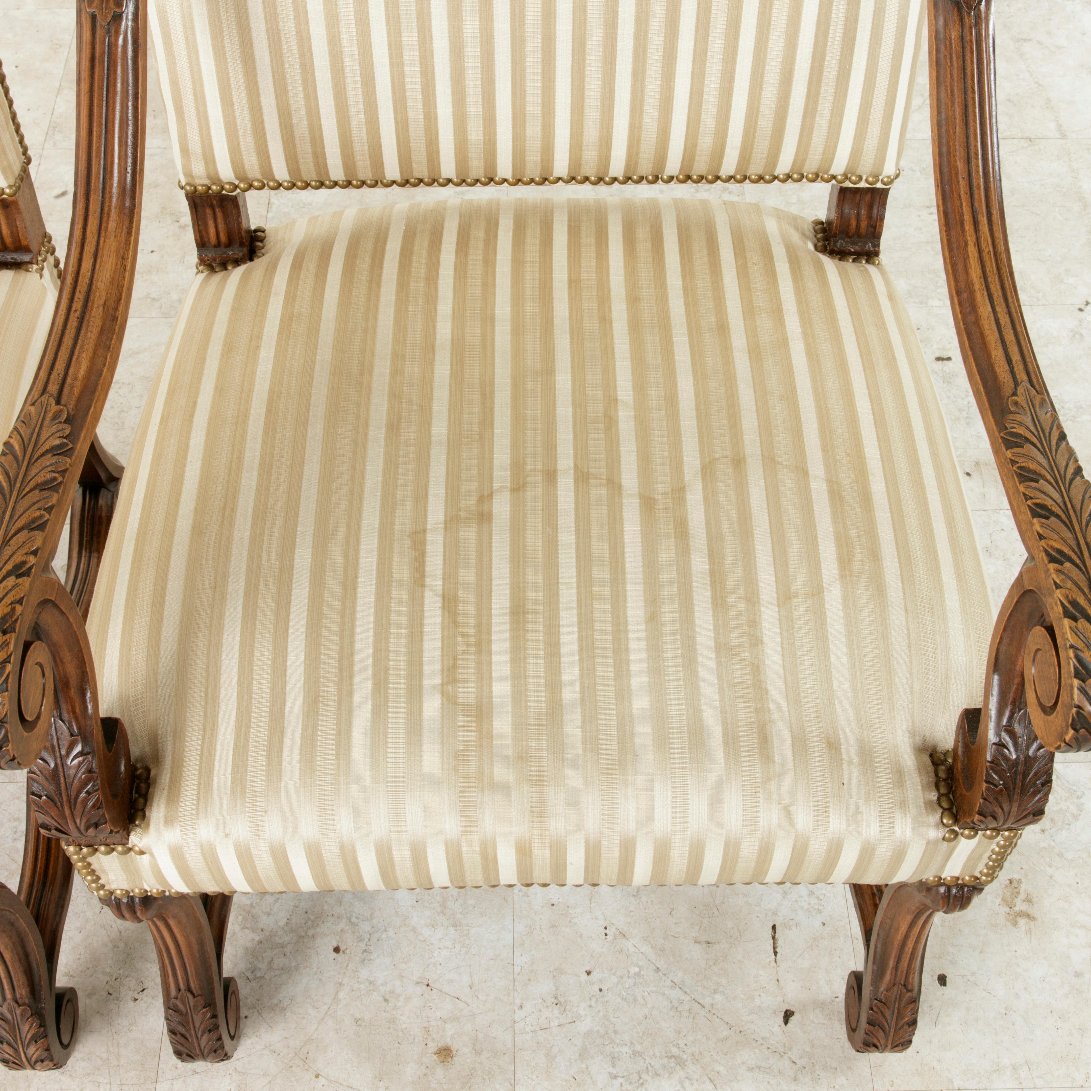 Late 19th Century French Louis XIV Style Hand Carved Walnut Mutton Leg Armchairs 8