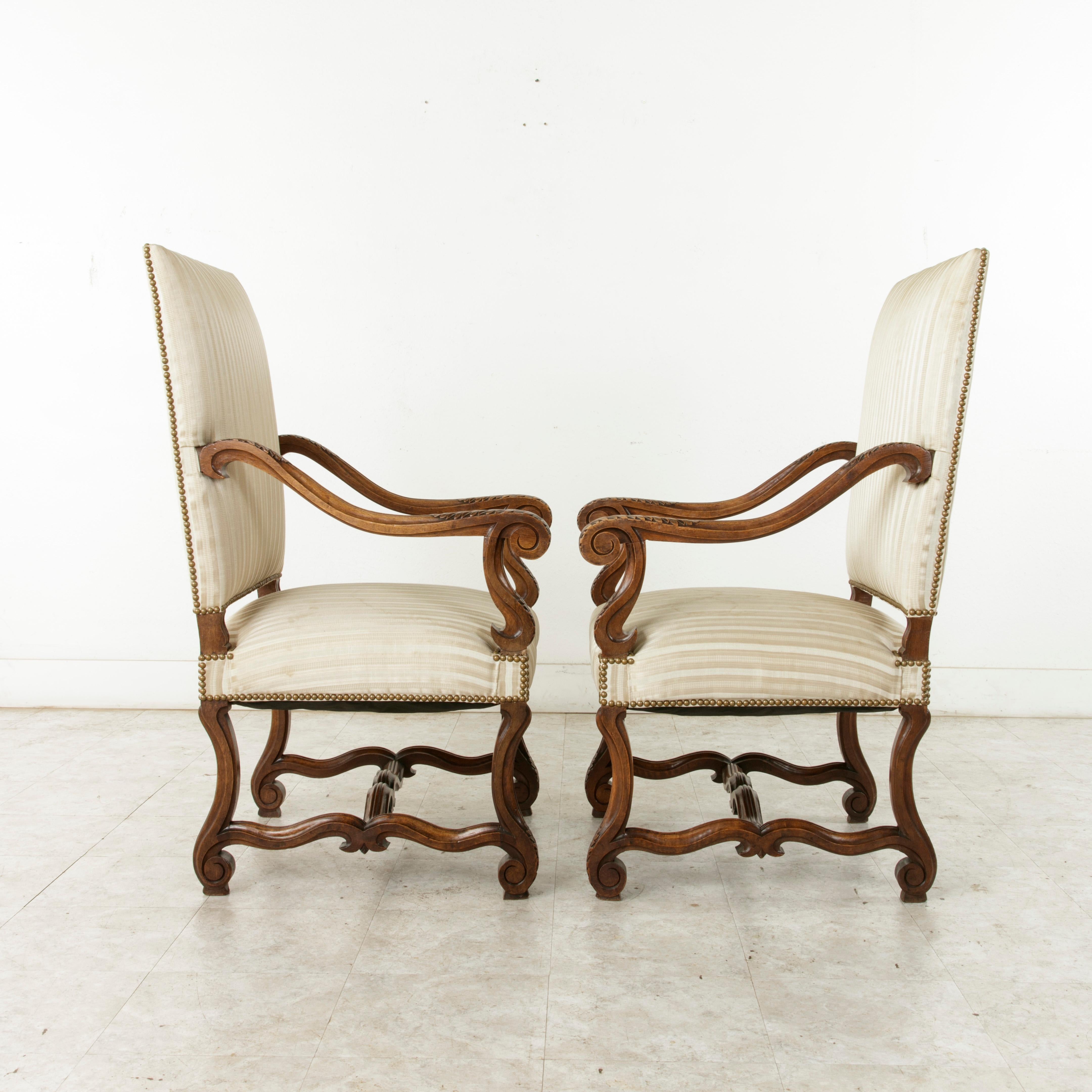 Late 19th Century French Louis XIV Style Hand Carved Walnut Mutton Leg Armchairs 2