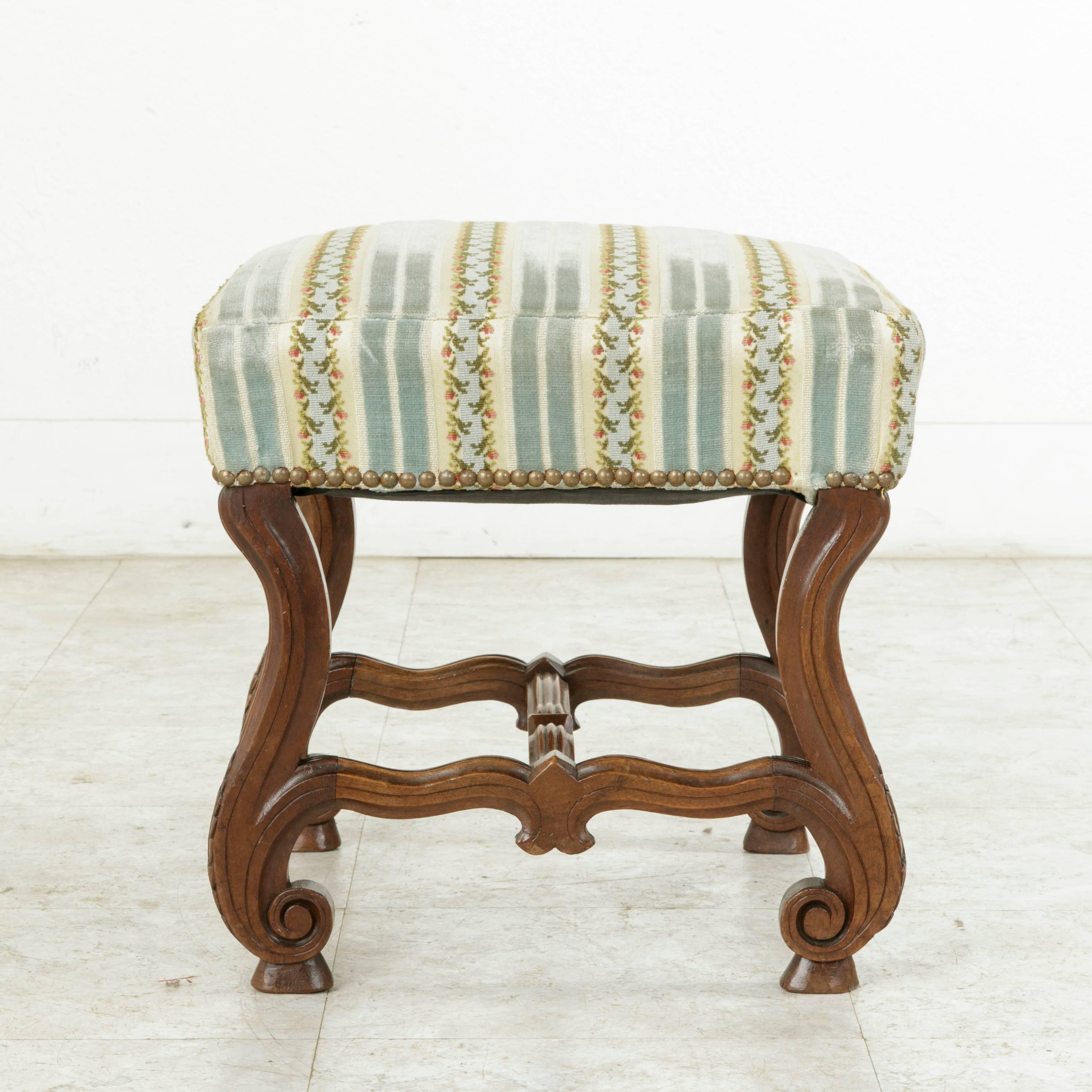 Upholstery Late 19th Century French Louis XIV Style Hand-Carved Walnut Vanity Bench, Stool