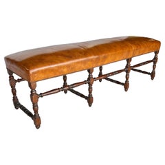Late 19th Century French Louis XIV Style Walnut and Leather Bench