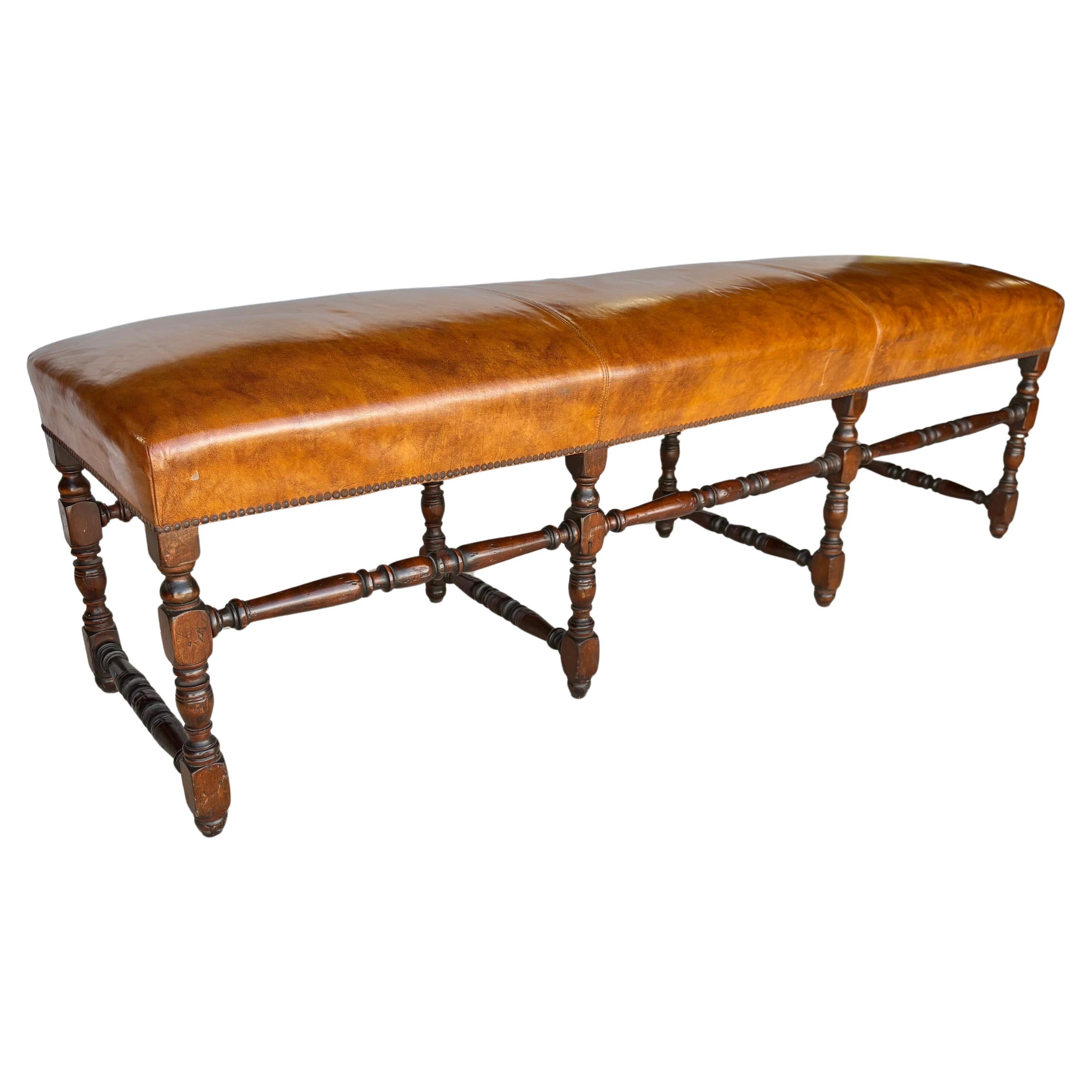 Late 19th Century French Louis XIV Style Walnut and Leather Bench