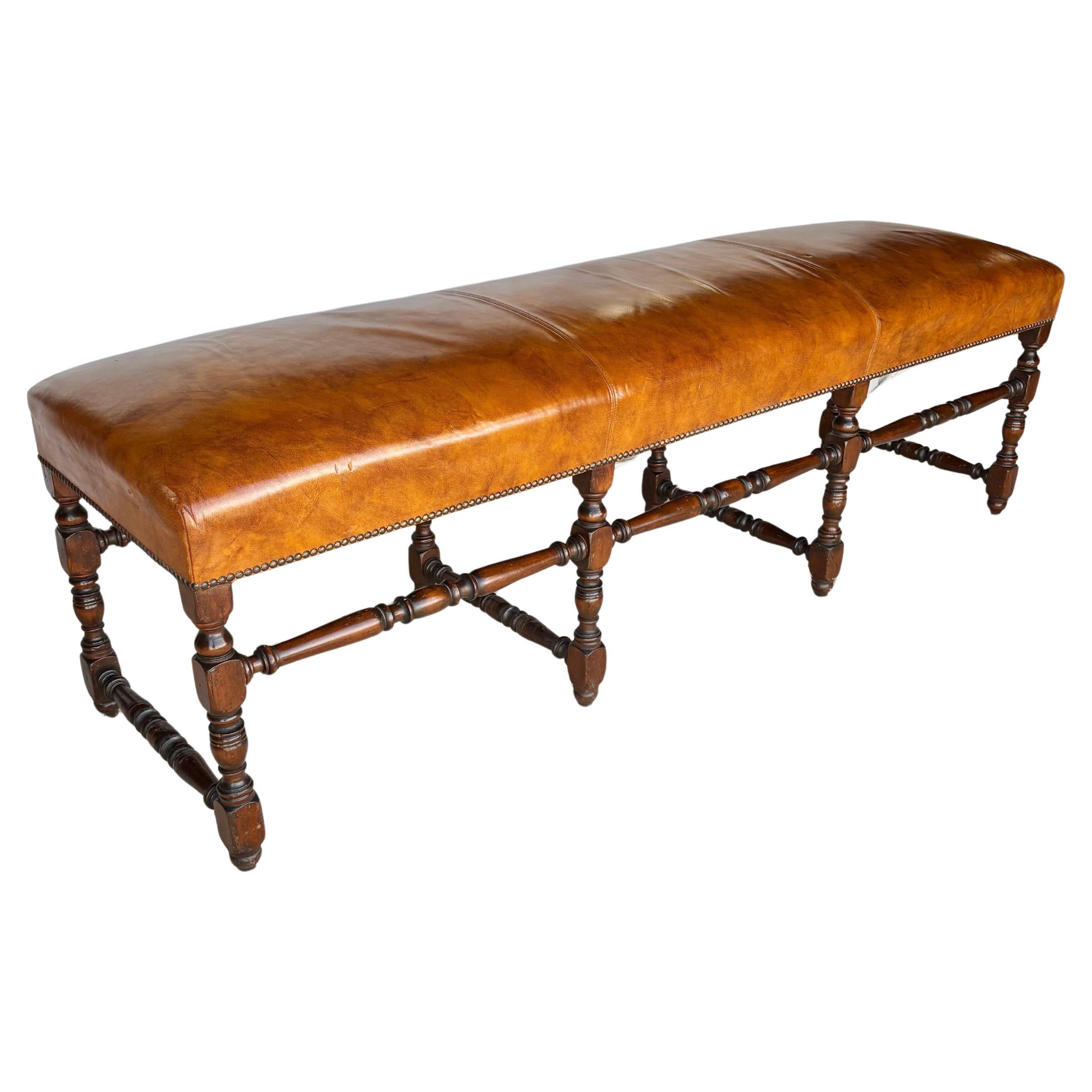 Late 19th Century French Louis XIV Style Walnut and Leather Bench