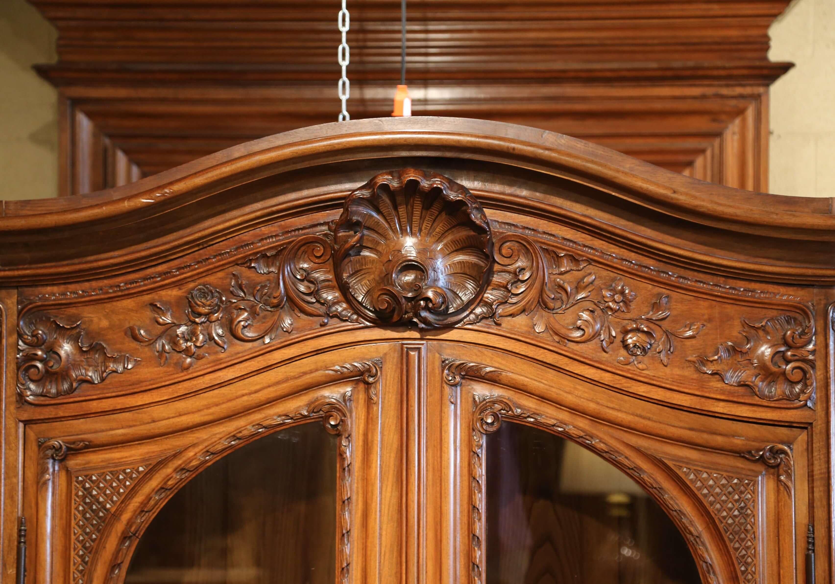 Hand-Carved Late 19th Century French Louis XV Carved Walnut Armoire Bookcase from Provence